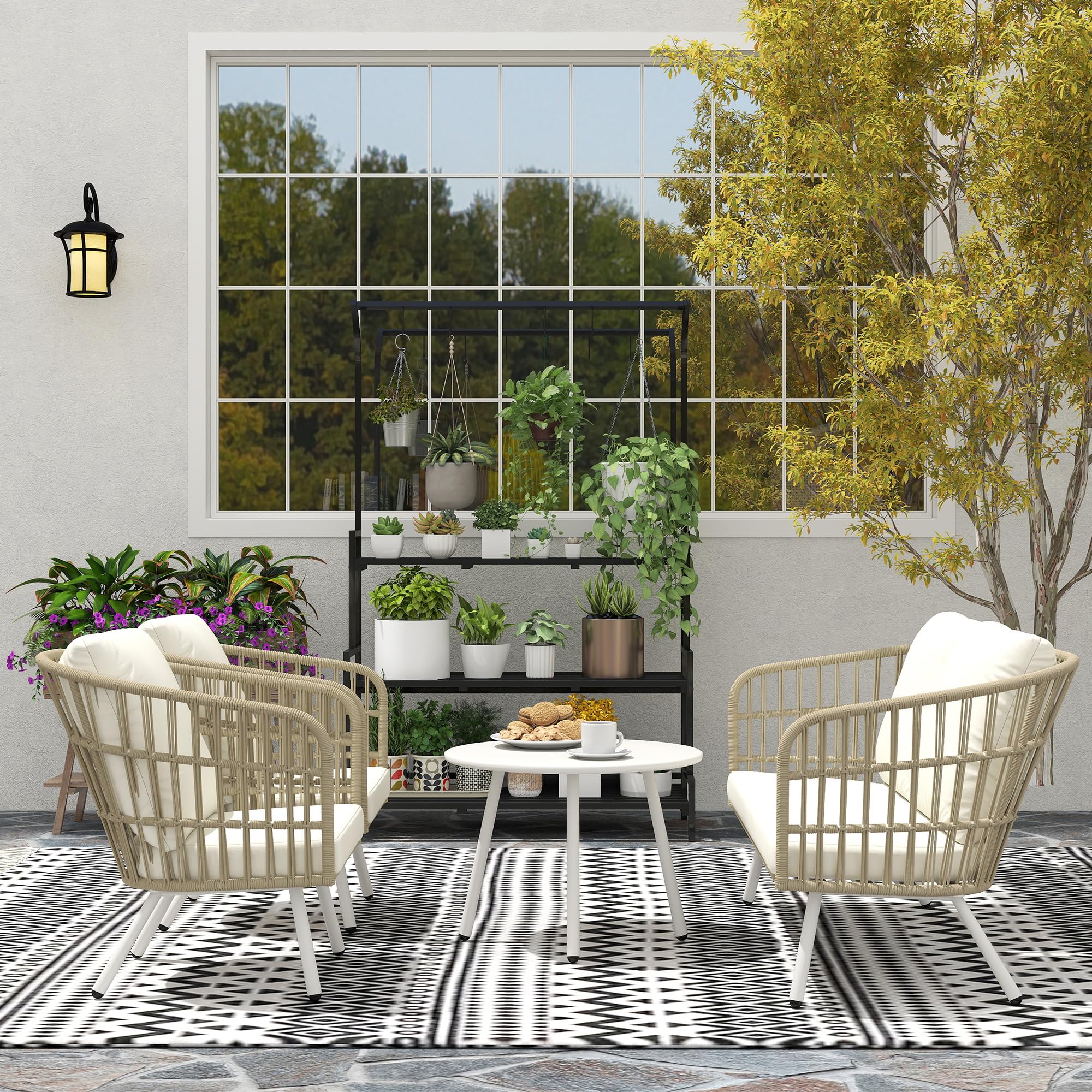 Outsunny Conjunto de Jardín Exterior de Ratán Sintético de 4 Piezas Muebles de Jardín Exterior con Sofá de 2 Plazas 2 Sillones 1 Mesa de Centro de Metal con Cojines Crema y Natural