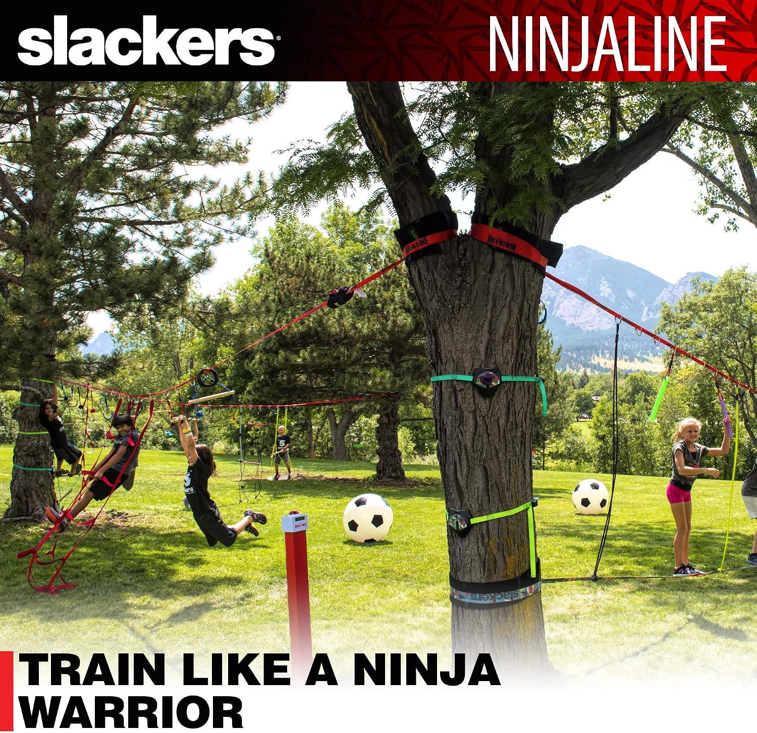 Slackers Ninjaline - 36' Intro Kit - Includes 7 Hanging Attachments - Best Outdoor Ninja Warrior Training Equipment For Kids - Build Your Very Own Backyard Obstacle Course - Rated Ages 5+