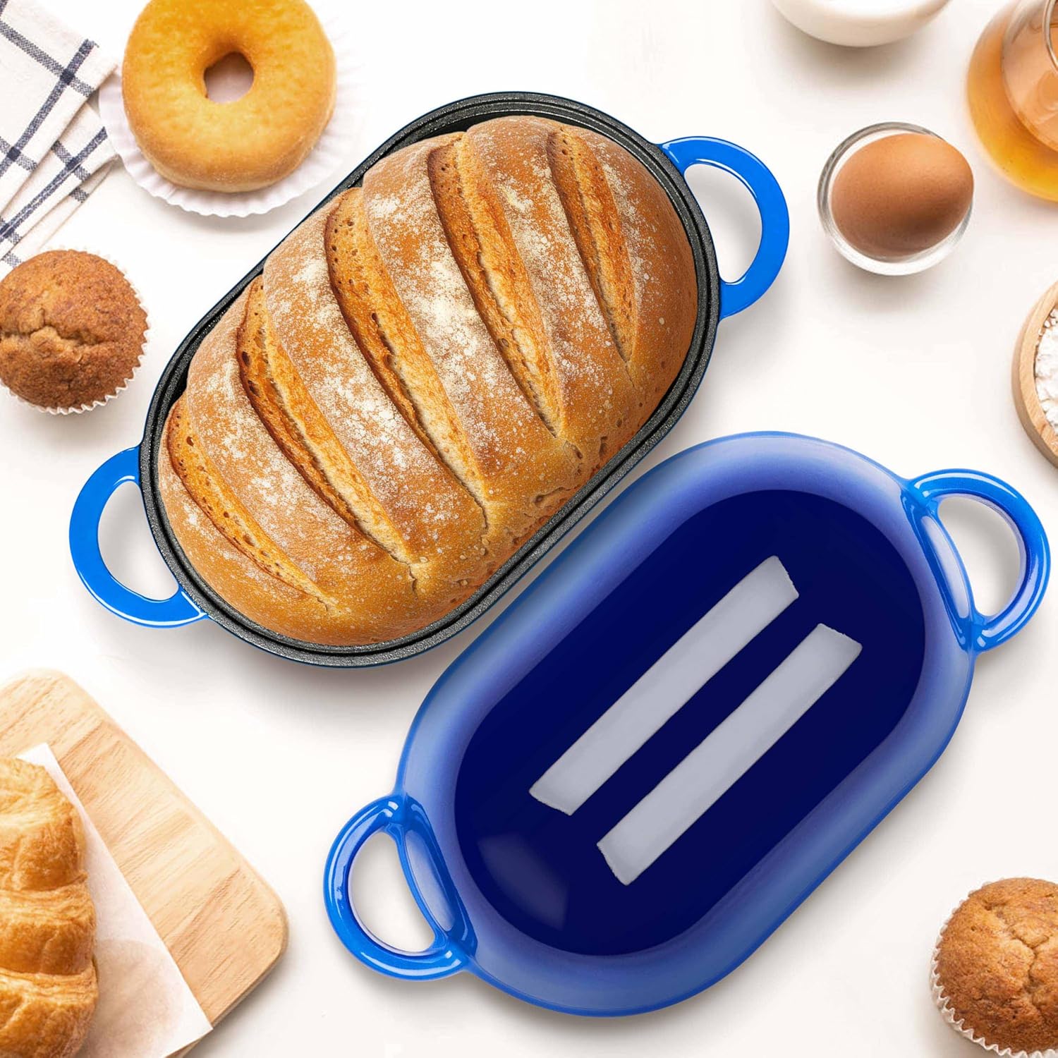 Homikit Enameled Cast Iron Dutch Oven for Bread Baking, 2.8 QT Oval Bread Oven Pot with Lid, 9.5 x 5.7 Inch Sourdough Loaf Baking Pan for Homemade Bread, Heavy Duty & Oven Safe, Blue - Image 9