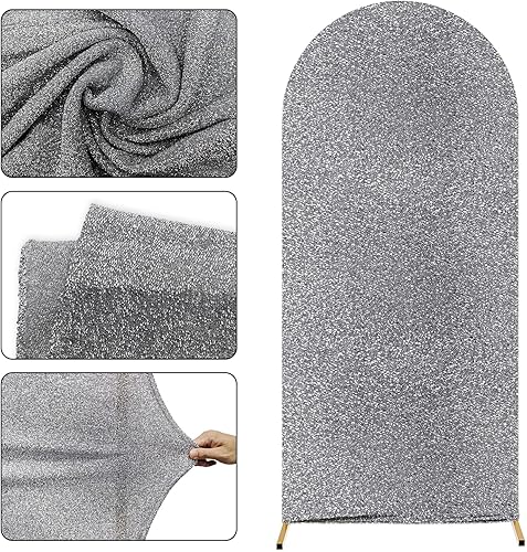 Miniatura 3 de Cubierta de arco de boda plateada brillante de 6 pies, cubierta de soporte de arco ajustable de 2 caras, cubierta de fondo de arco redondo metálico