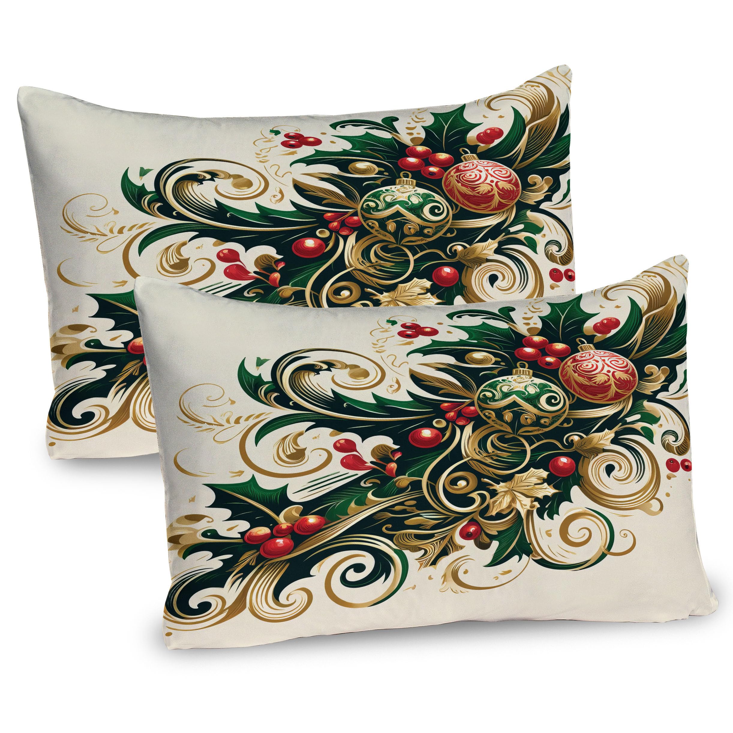 Ambesonne Christmas Pillow Sham Set of 2, Traditional Xmas Berries Toyon and Globes Ornate on Plain Backdrop, Quality Microfiber Bedding Item for All Seasons, 26