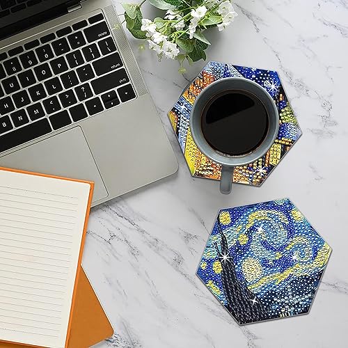 Miniatura 2 de NUFTVI Van Gogh - Juego de posavasos de pintura de diamantes con soporte, kit de posavasos de arte de diamante de cristal completo 5D para adultos.