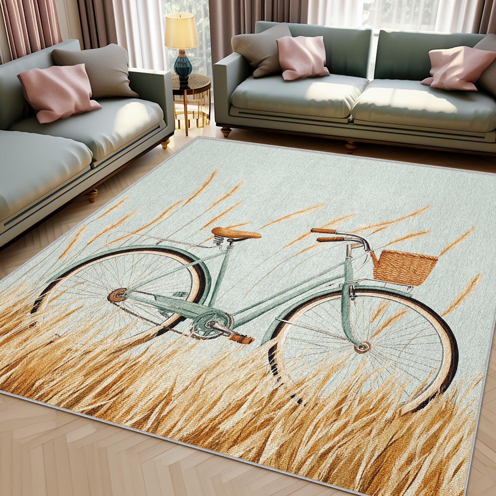 Tapis lavable motif vélo 140x250cm style champêtre romantique de salon