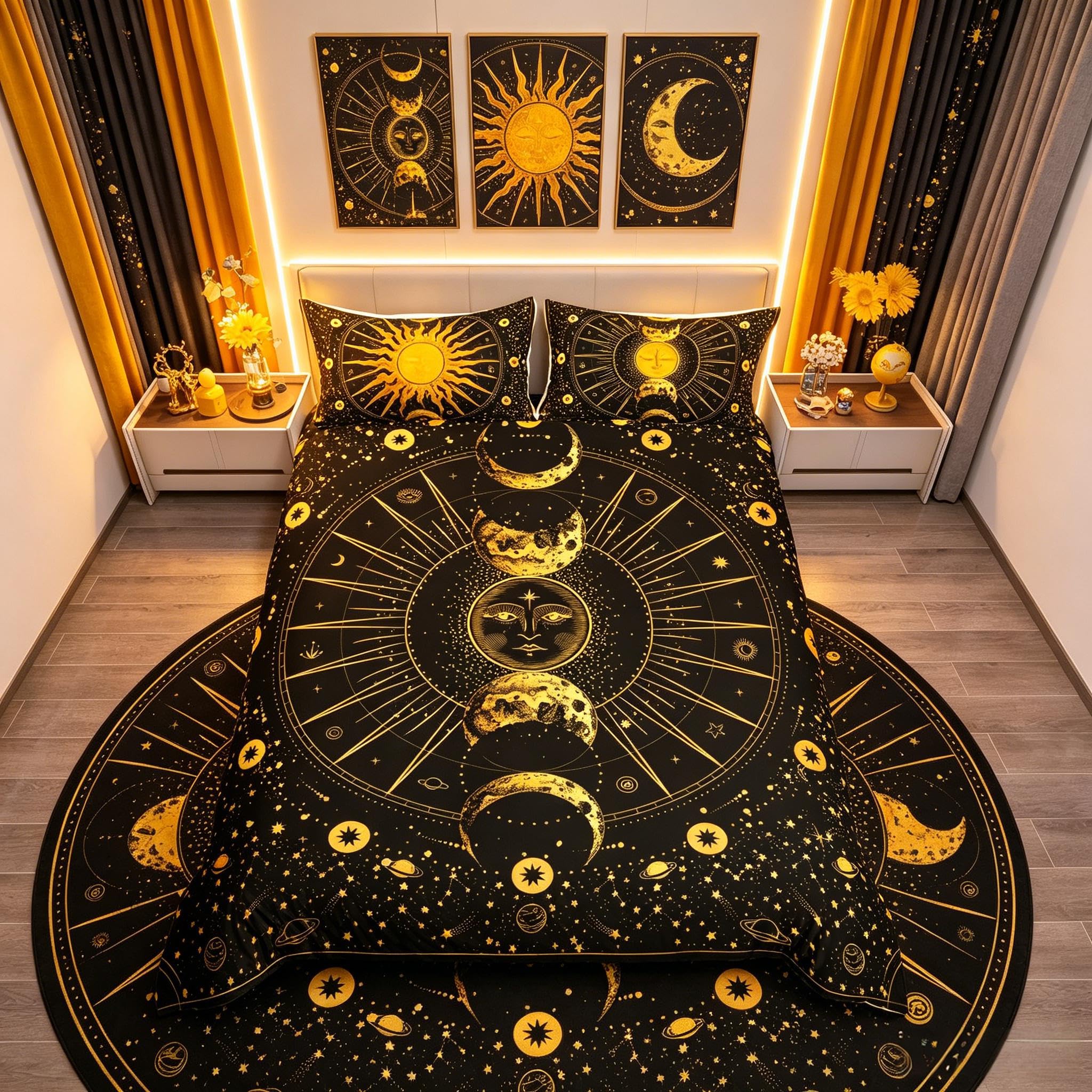 richhome Bohemian Celestial Sun Duvet Cover Set Single Moon Stars Bedding Set for Teens Kids Golden Black Breathable Cover Soft Quilt Cover Bedroom Decor Bedspread