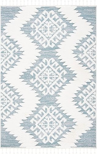 Miniatura 3 de SAFAVIEH Tapete grueso marroquí con borlas, 10 x 14 pies, color verde azulado y marfil, enrejado rústico bohemio, no desprende pelusa y de fácil