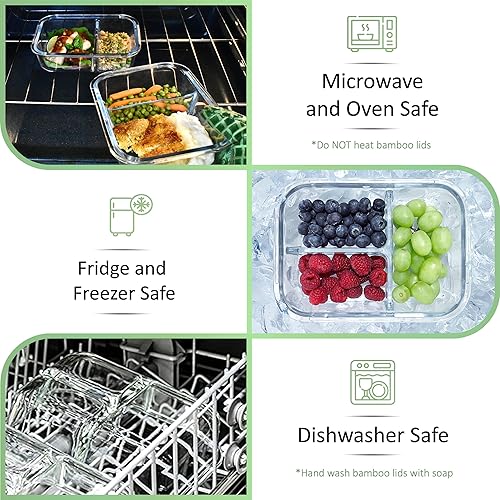 Miniatura 5 de EcoPreps Contenedores grandes de vidrio Bento con tapas de bambú, 3 compartimentos de vidrio para preparación de comidas (paquete de 2, XL 100%