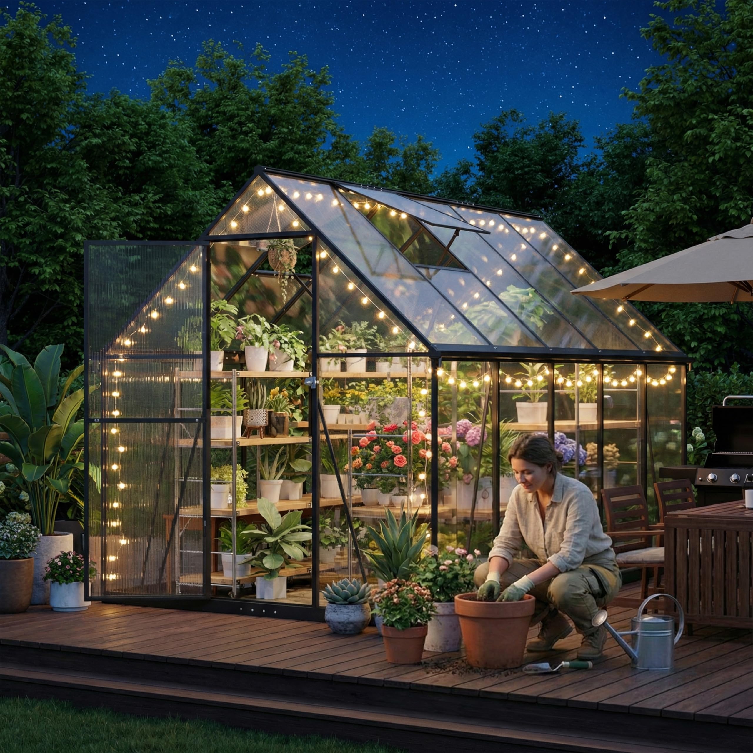 ALAULM Polycarbonat-Gewächshaus 175x281x195cm, mit abschließbarer Tür, Satteldach, Lüftungsfenster & Regenrinnen, Wetterfest für Terrasse & Garten (Schwarz)