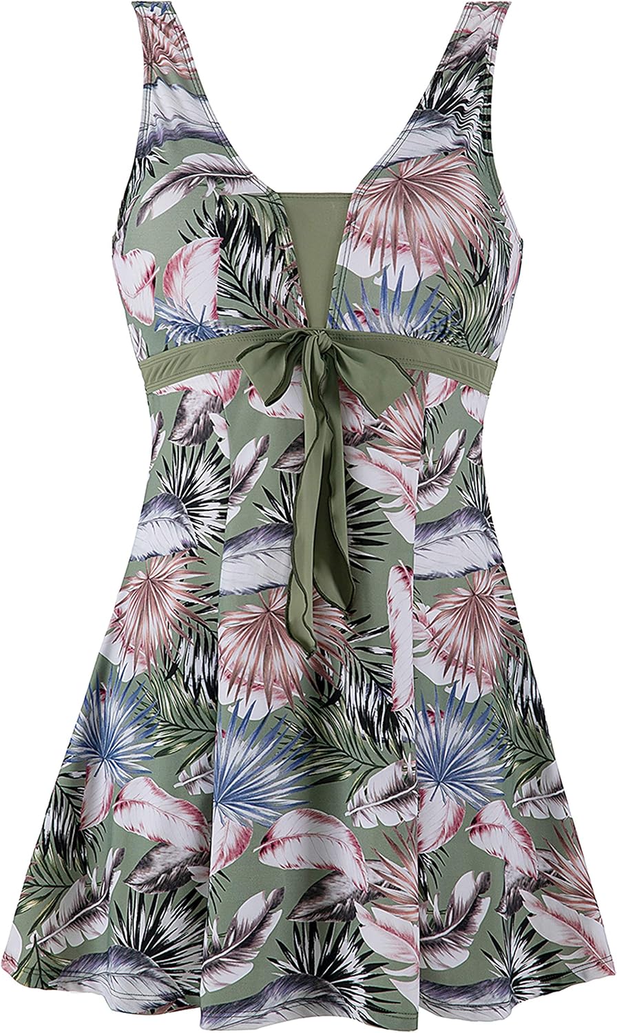 Wantdo Women's Plus Size One Piece Swimsuit Tummy Control Bathing Suit Flower Print Swimdress
