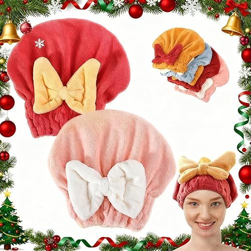 2 gorras de microfibra para secar el cabello, 2026 nuevas toallas absorbentes de Navidad para mujeres, toallas de pelo de secado rápido, pajarita
