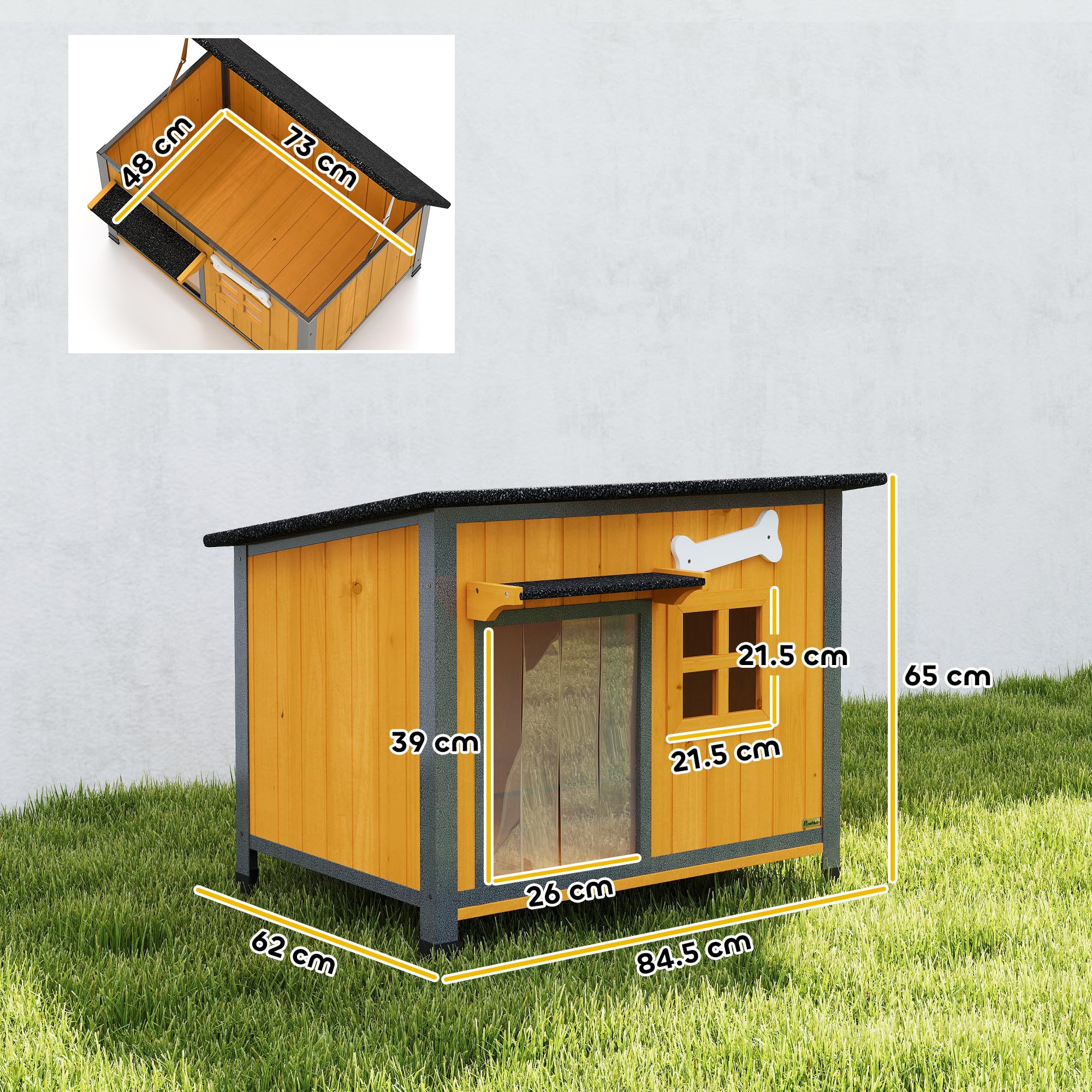 PawHut Cuccia per Cani da Esterno in Legno e Acciaio Anti-Morso, Casetta per Cani Rialzato con Tetto Spiovente Apribile e Impermeabile, Pavimento Rimovibile, Tenda per Porta, Tettoia, 84.5x62x65 cm