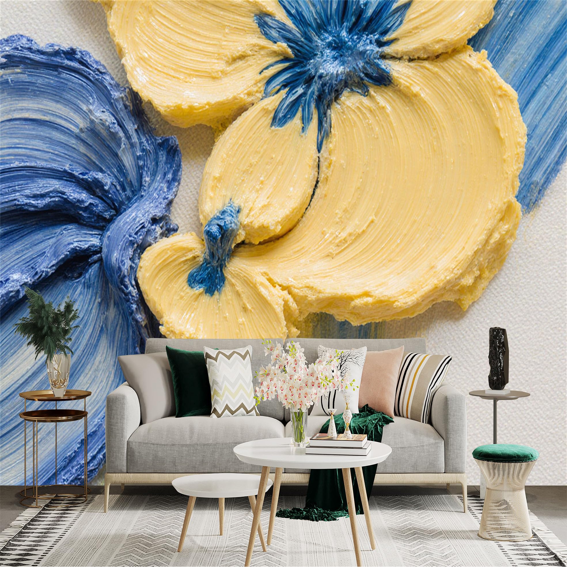 Custom Size Wall Sticker Mural， Abstract Heavy Texture Oil Painting， Yellow and Blue Floral Palette Knife Art， for wall Decoration， peelandstick wall Decals.