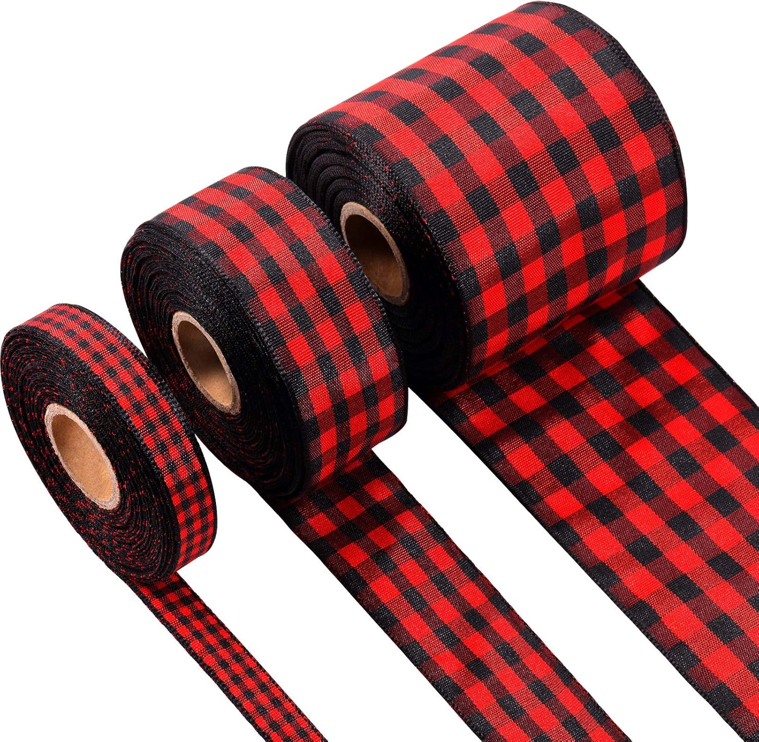3 Rolls Red and Black Plaid Ribbons Gingham Wired Ribbon
