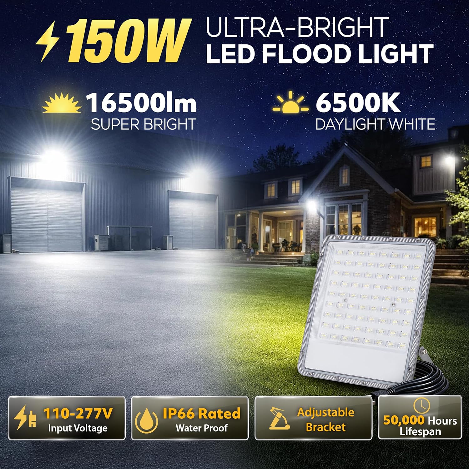 150W LED Flood Light Outdoor, 110-277V Commercial & Residential LED Lights IP66 Waterproof, 6500K Daylight White, 16500LM, Energy Efficient Flood Outdoor Lights, Plug-in LED Flood Lights, 2 Pack