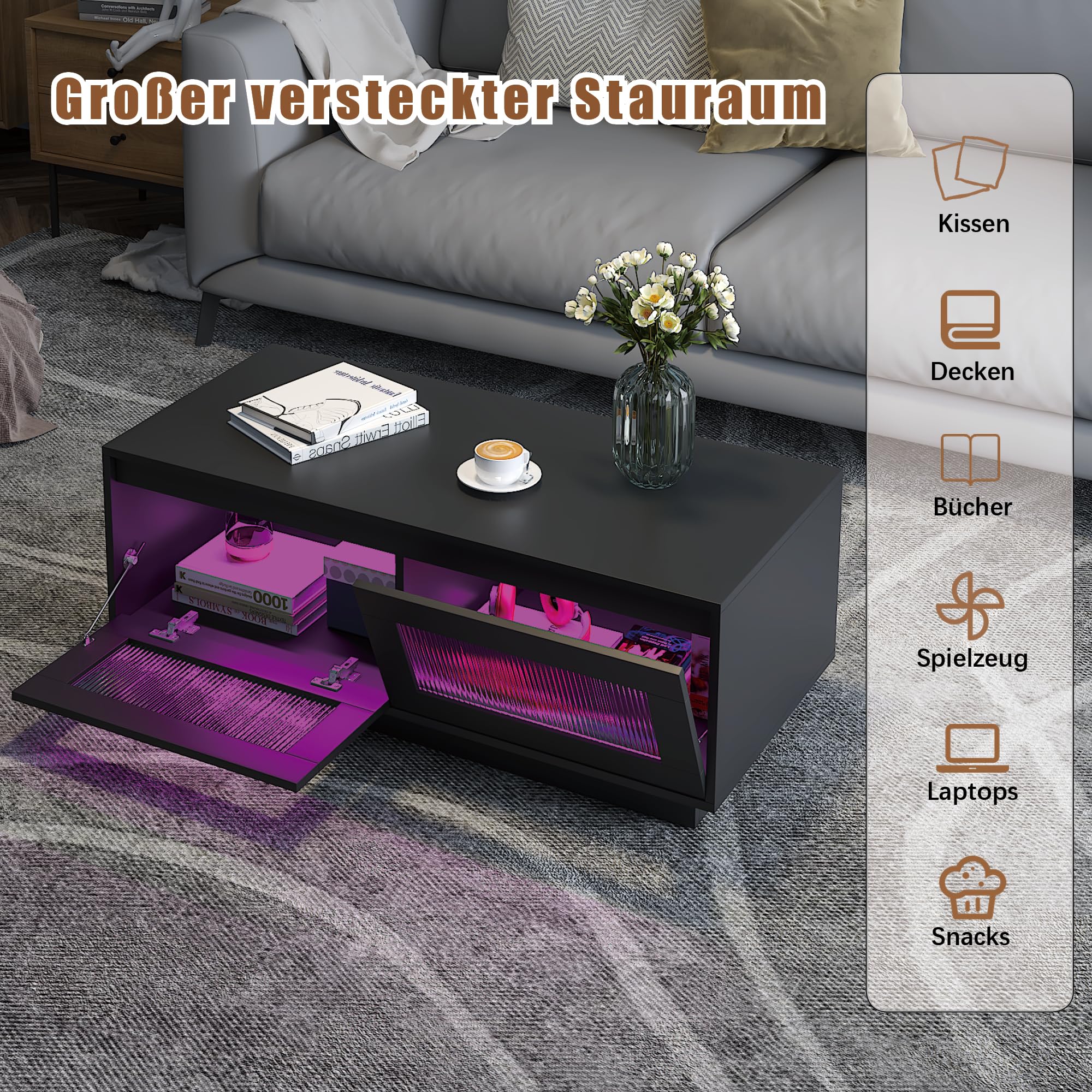 KEEPREAPER Couchtisch Wohnzimmertisch mit LED Beleuchtung, Sofatisch mit 2 Ablagefächern für Wohnzimmer, 108x50x40cm (Schwarz)