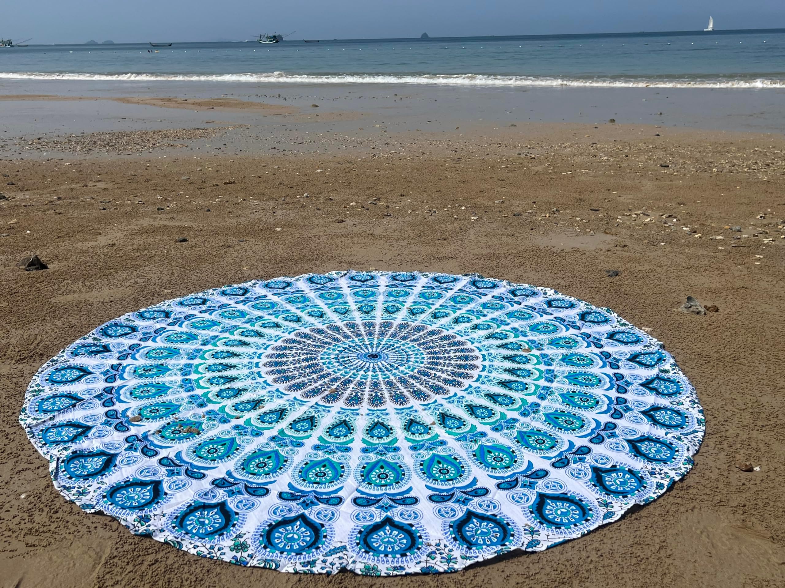 raajsee White Blue Round Beach Tapestry Hippie/Boho Beach Blanket Mandala/Indian Cotton Throw - Round Tablecloth/Home Decor/Indie Rug Yoga Mat Meditation Picnic Rugs 127 CM / 50 INCHE Circle