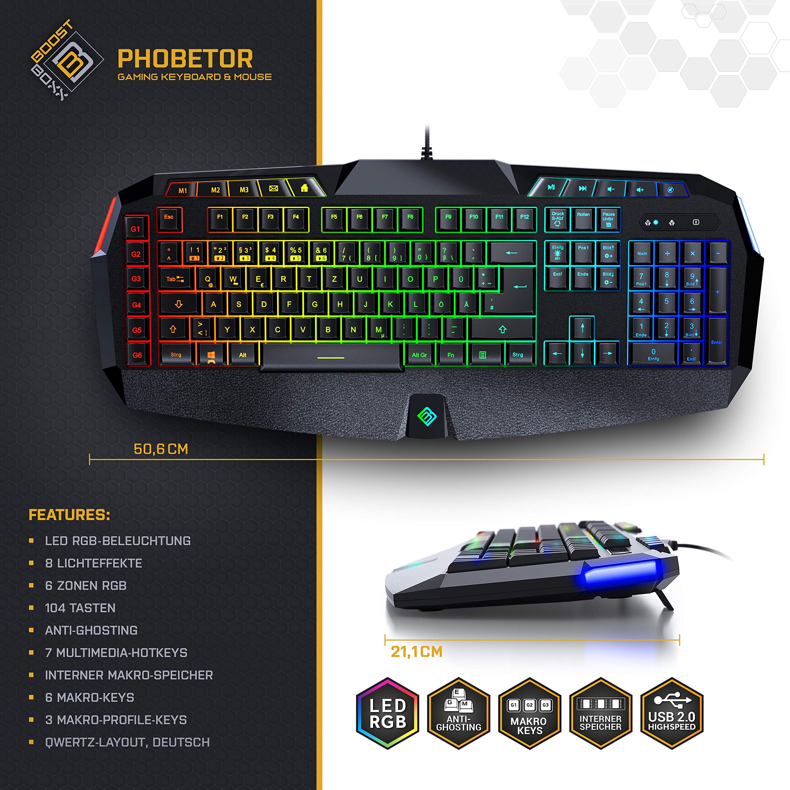 BoostBoxx Phobetor - Gaming Tastatur & Maus Set mit RGB-Beleuchtung - QWERTZ-Tastatur mit programmierbaren Makros - Maus für Rechts- und Linkshänder mit 11 Tasten und bis zu 2500 DPI