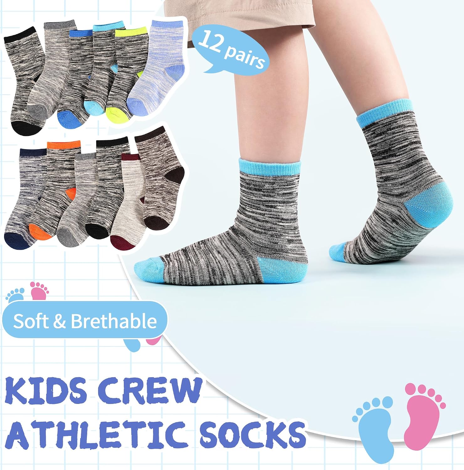 ZERULETS Toddler Kids Boys Girls Crew Athletic Half Cushion Socks - 12 Pairs for Children 1-14 Years