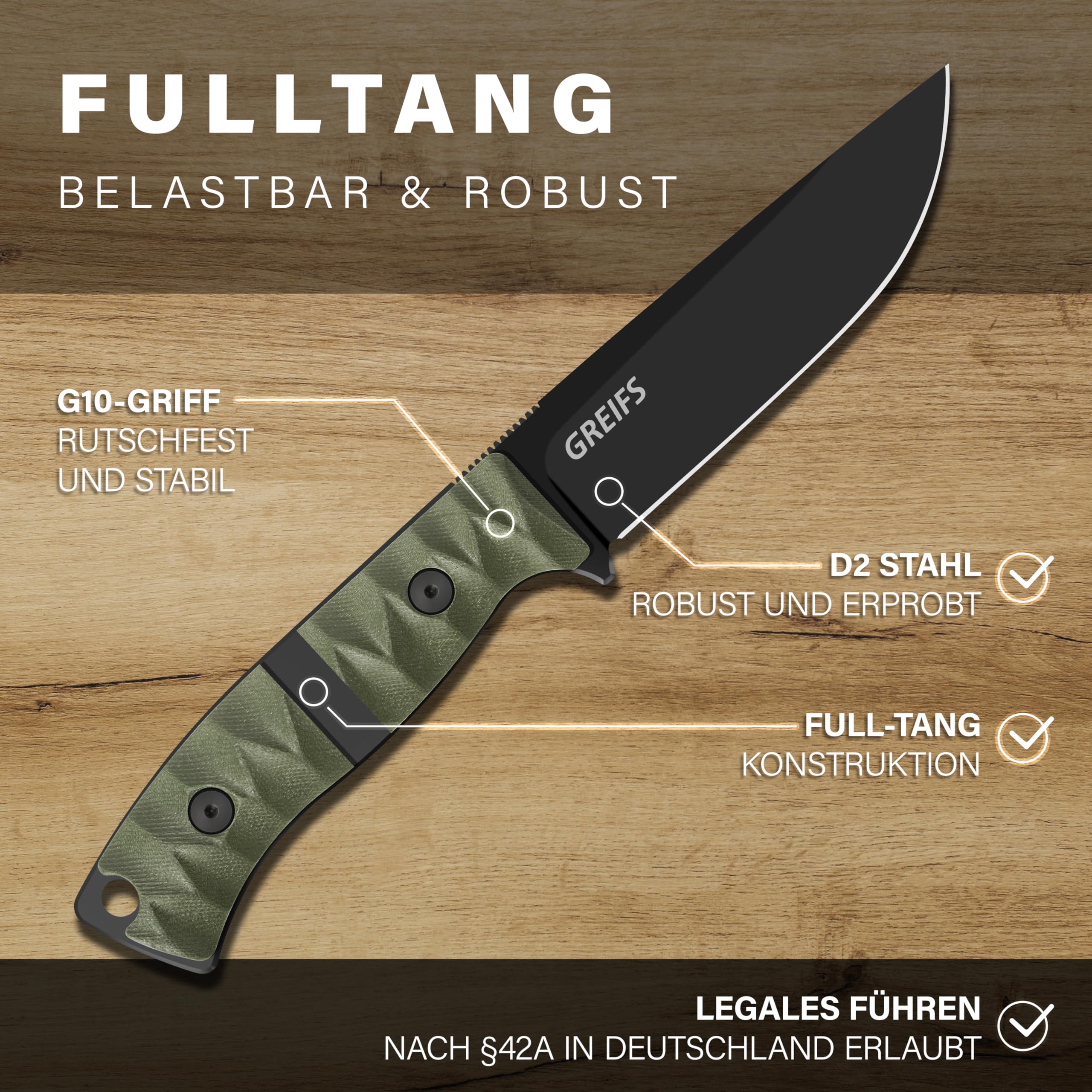 GREIFS® Outdoor-Messer aus D2 Stahl mit Kydex Holster und Feuerstahl, edles Survival Messer für die Bushcraft Ausrüstung, Jagdmesser, Schnitzmesser, Fahrtenmesser (Ranger/Olivgrün)
