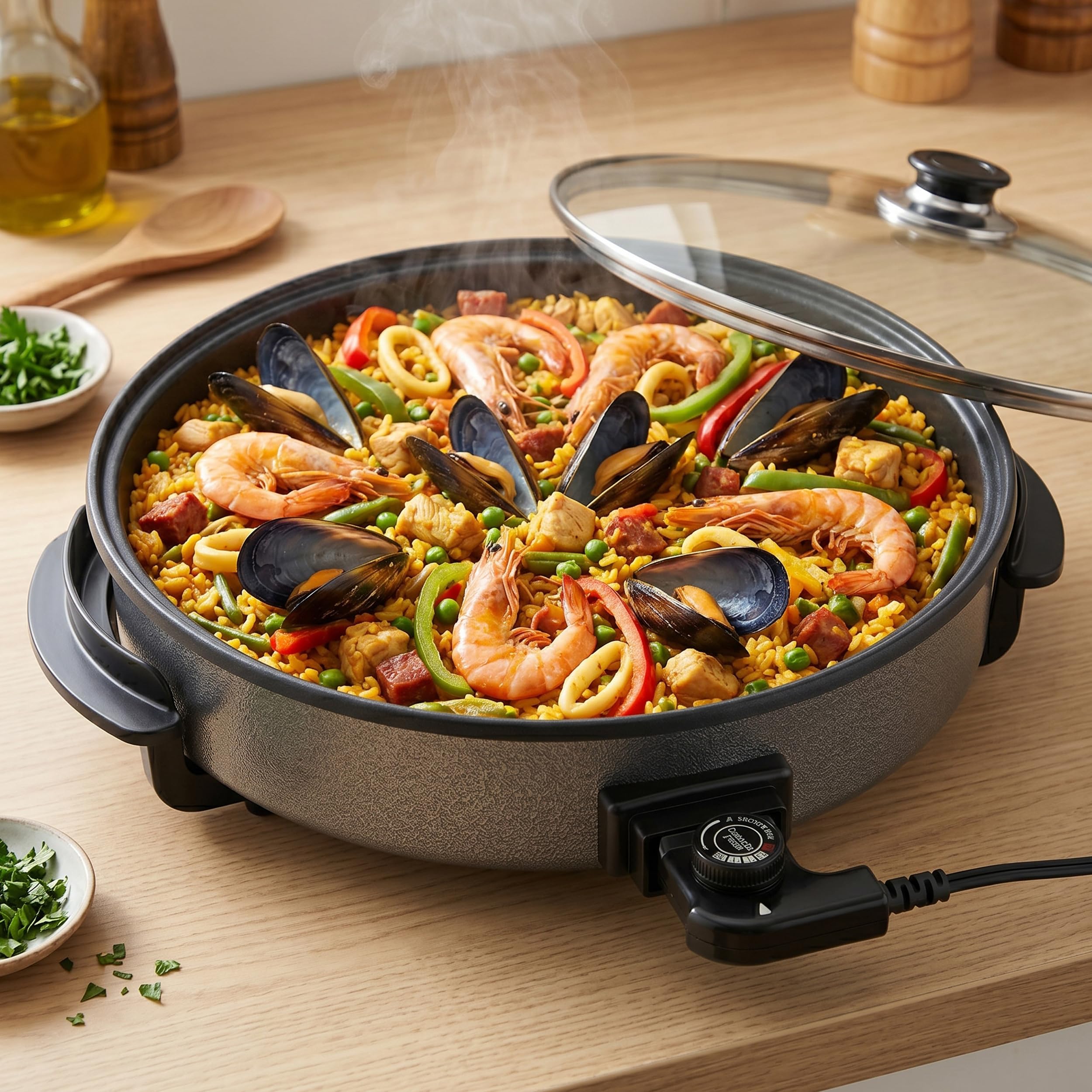Shov Poêle à pizza électrique et cocotte multifonction, taille XL, 48 cm de diamètre, 7 cm de profondeur, avec revêtement antiadhésif et couvercle en verre, 1500 W, thermostat réglable pour pizza