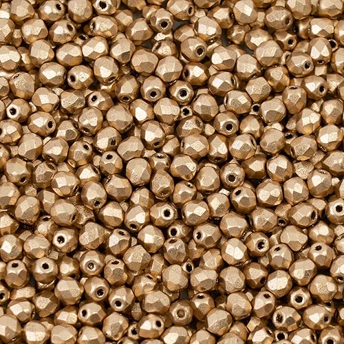 Miniatura 5 de Perlas de vidrio checo prensadas facetadas pulidas al fuego de 1.8 oz (1.76 oz, aprox. 600 unidades), 4 mm (0.16 in), Azteca Pale Gold - 01710