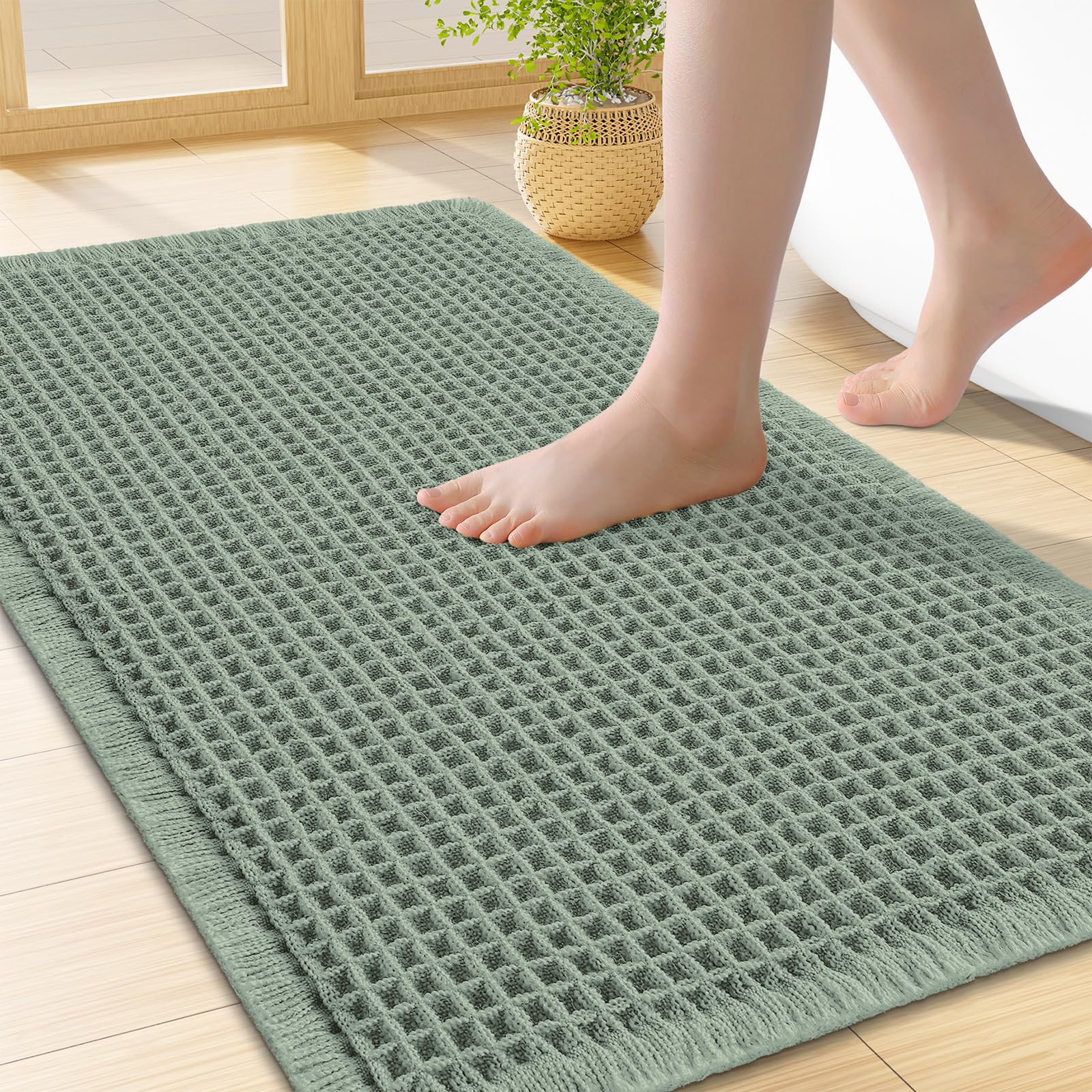 Smiry Waffle Bath Mat 24X16, Extra Soft Absorbent Bathroom Rugs, Sage Green