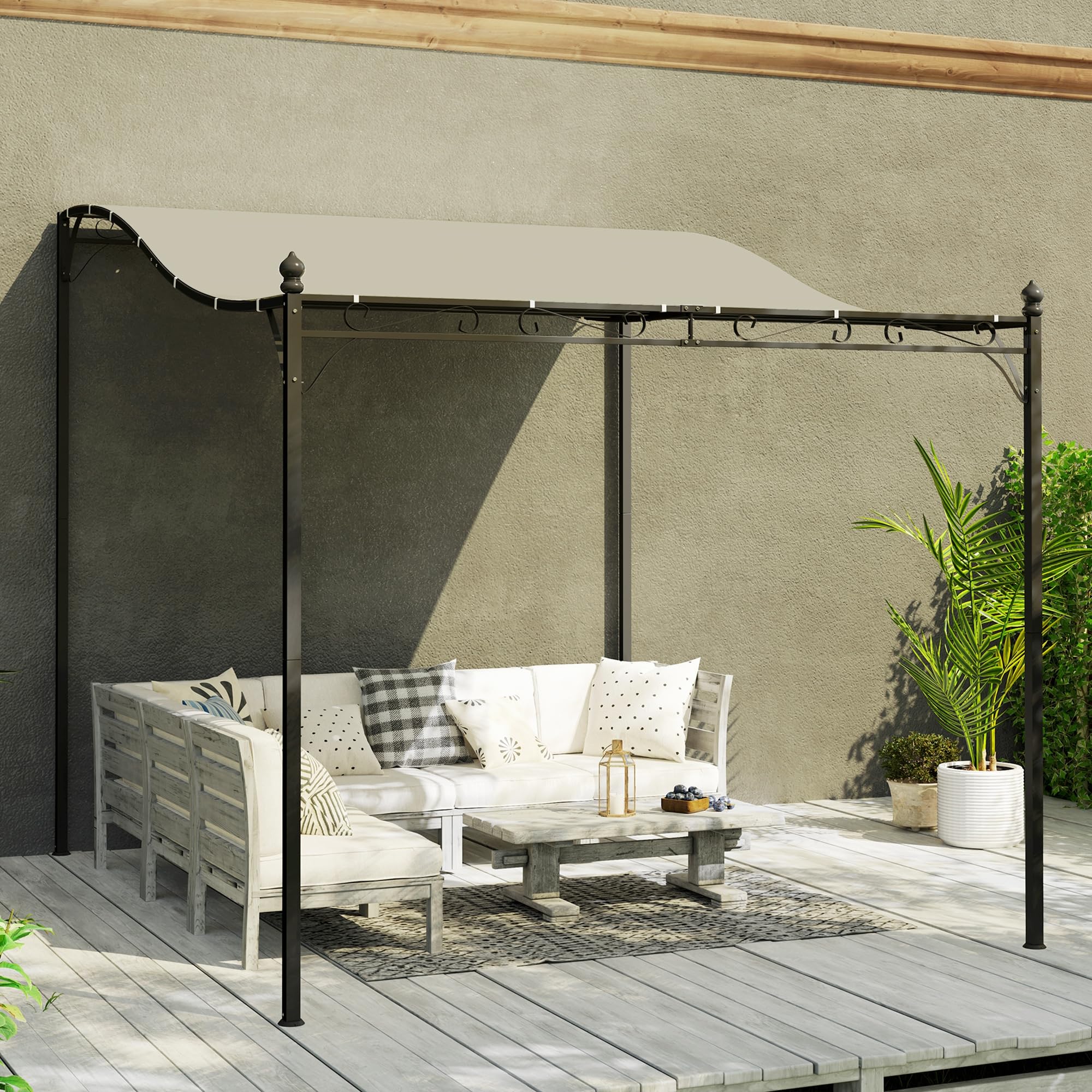 Outsunny Pergola Addossata 2.5x3m con Design Curvo e 16 Fori di Drenaggio, Gazebo Pergolato da Giardino in Metallo e Poliestere con Viti, per Esterno, Terrazza e Patio, Protezione UV, Crema