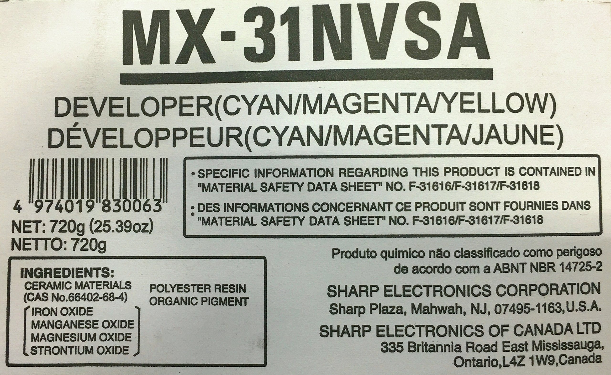Sharp MX-31NVSA Tri-Color Developer; New Genuine OEM Sharp Brand; Sealed Pack Contains 3 Pouches: Cyan Magenta and Yellow; Net 720 Grams product thumbnail 5