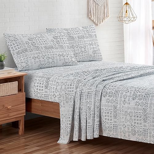 Miniatura 7 de Indigo Ink - Juego de sábanas de 4 piezas, ropa de cama suave y antiarrugas, decoración geométrica bohemia (colección Denim blanca), tamaño Queen