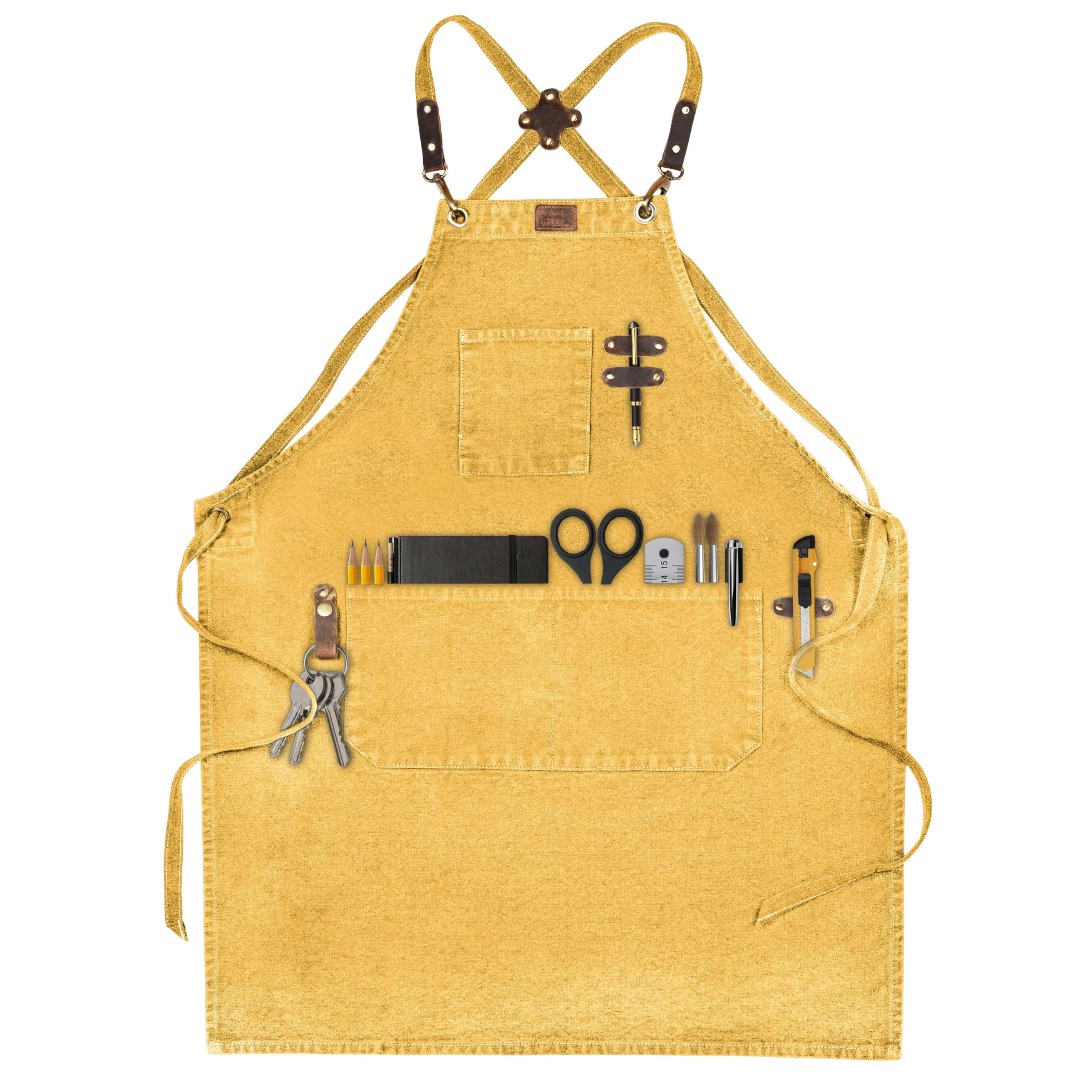 LEATHER VILLAGE Chef Aprons for Men Women with Large Pockets, Cotton Canvas Cross Back Adjustable Work Apron, Size M to XXL
