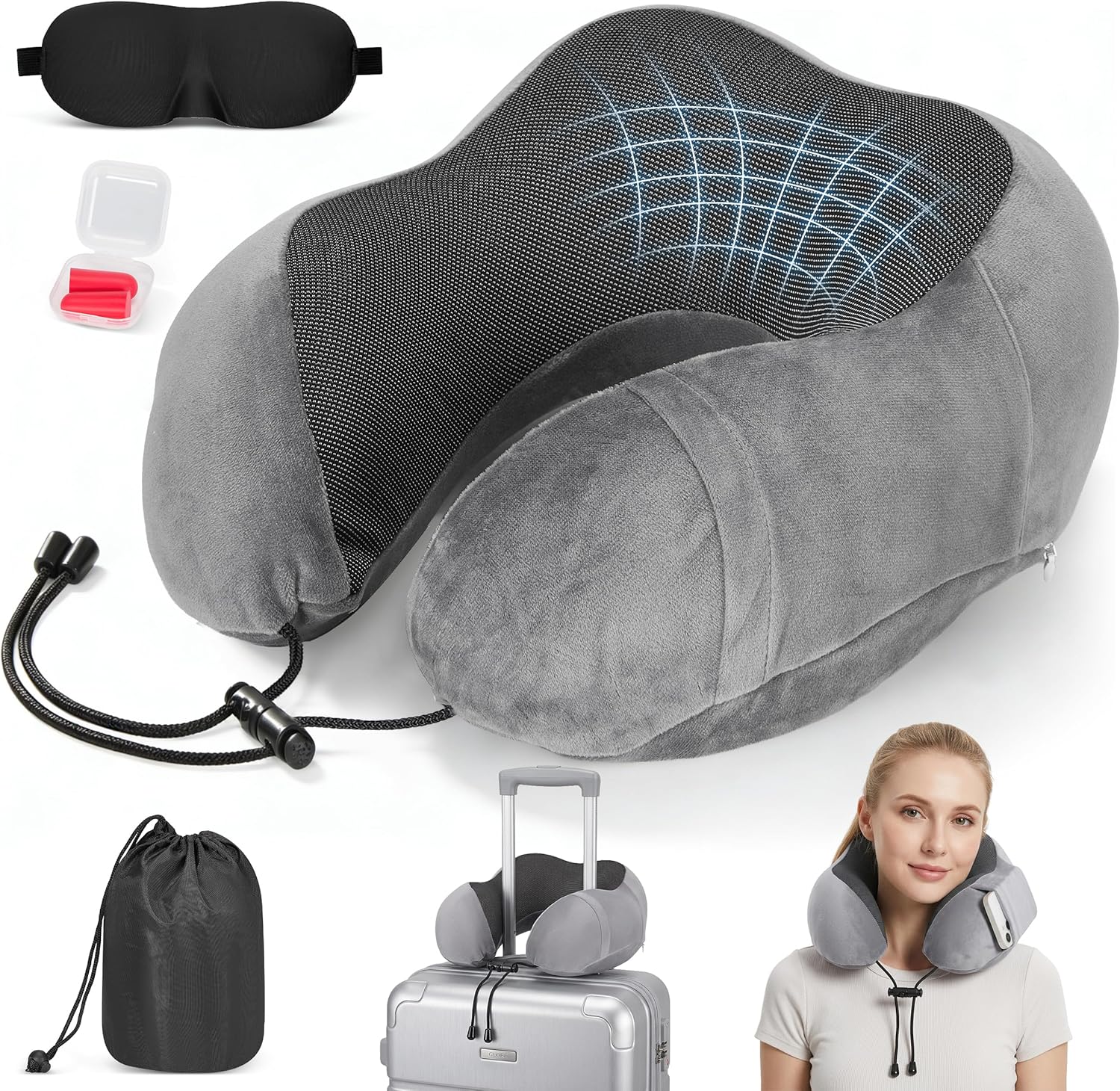 Travel Pillow for Adults Memory Foam Lightweight Neck Pillows for Sleeping on Airplane Gray