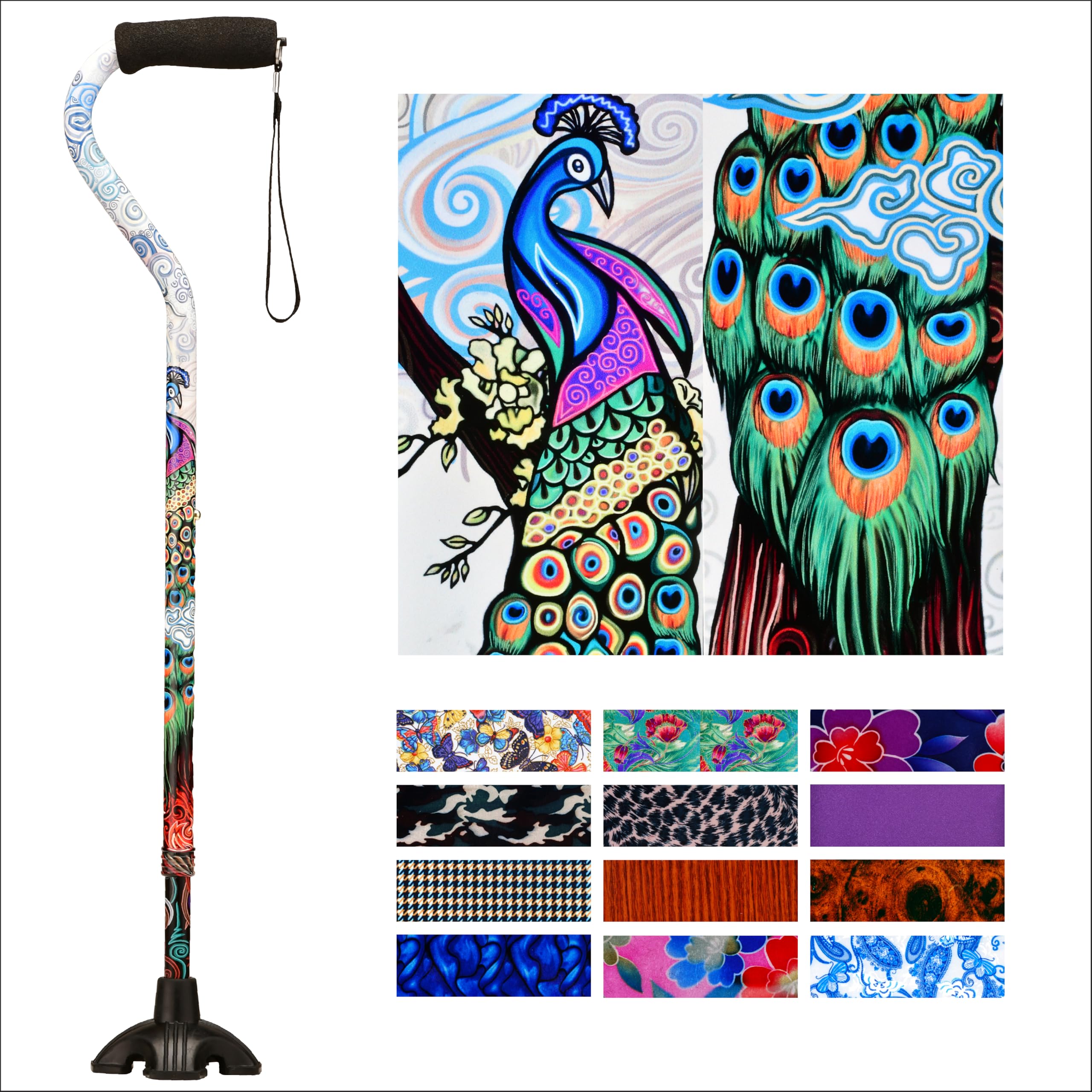 Joy Designer Offset Quad Cane for Seniors - Unisex Adjustable Lightweight Walking Aid with Foam Handle, Wrist Strap and Anti-Rattle Lock - Essential Mobility Support - Proud Peacock