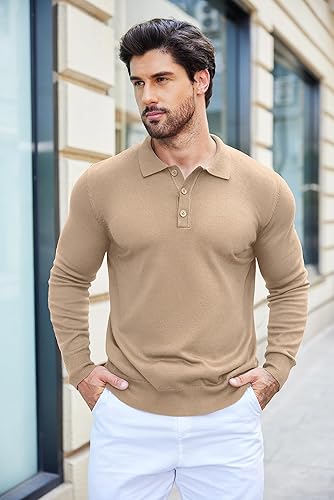 Miniatura 6 de COOFANDY Camisas polo de punto para hombre, estilo casual, manga larga, clásicas, camisas de golf con botones