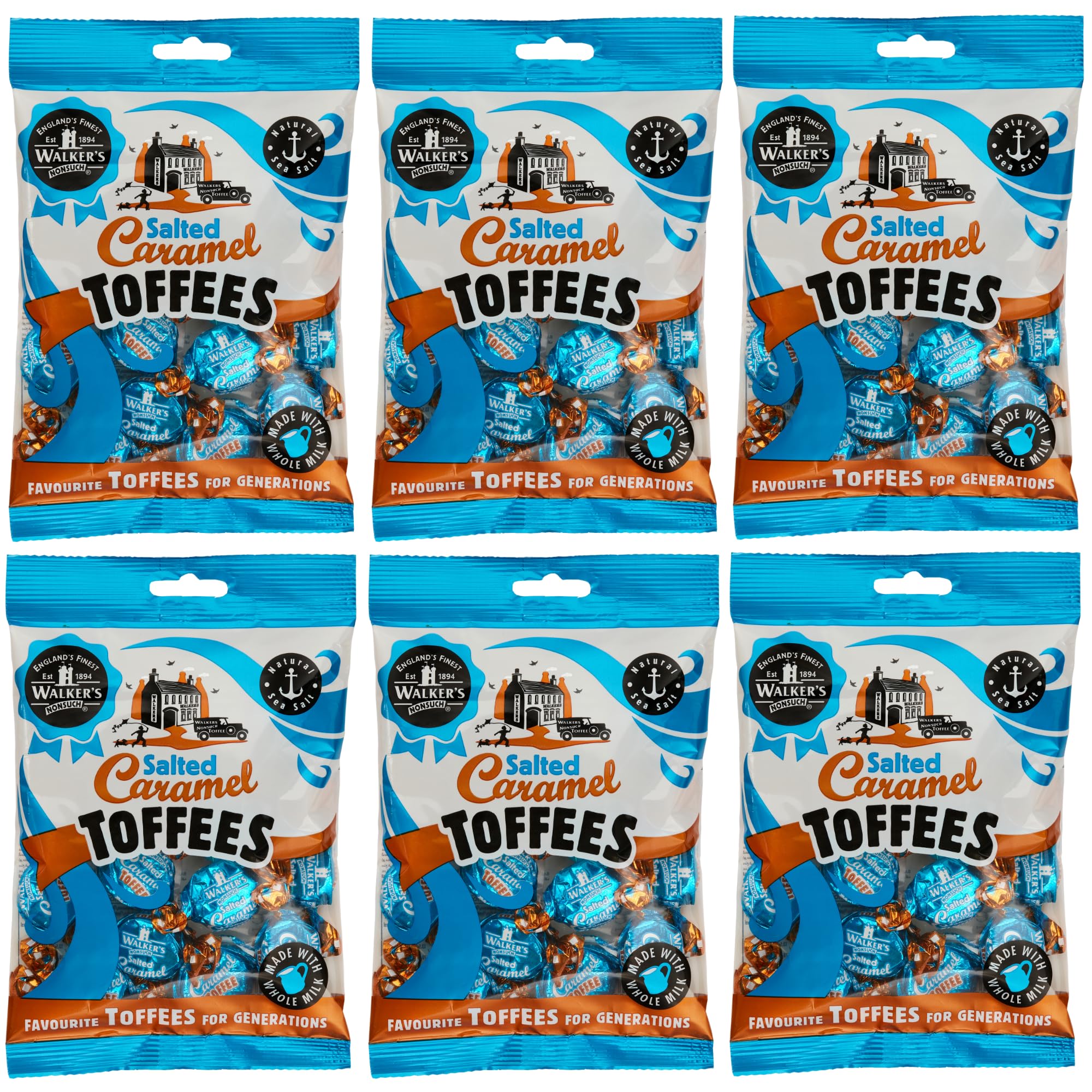 Walkers Nonsuch Salted Caramel Toffees Bag 5.29 Oz (Pack of 6) - British Chewy Butter Toffee Candy, Individually Wrapped with Anglesey Sea Salt, Imported from UK, Traditional English Sweets