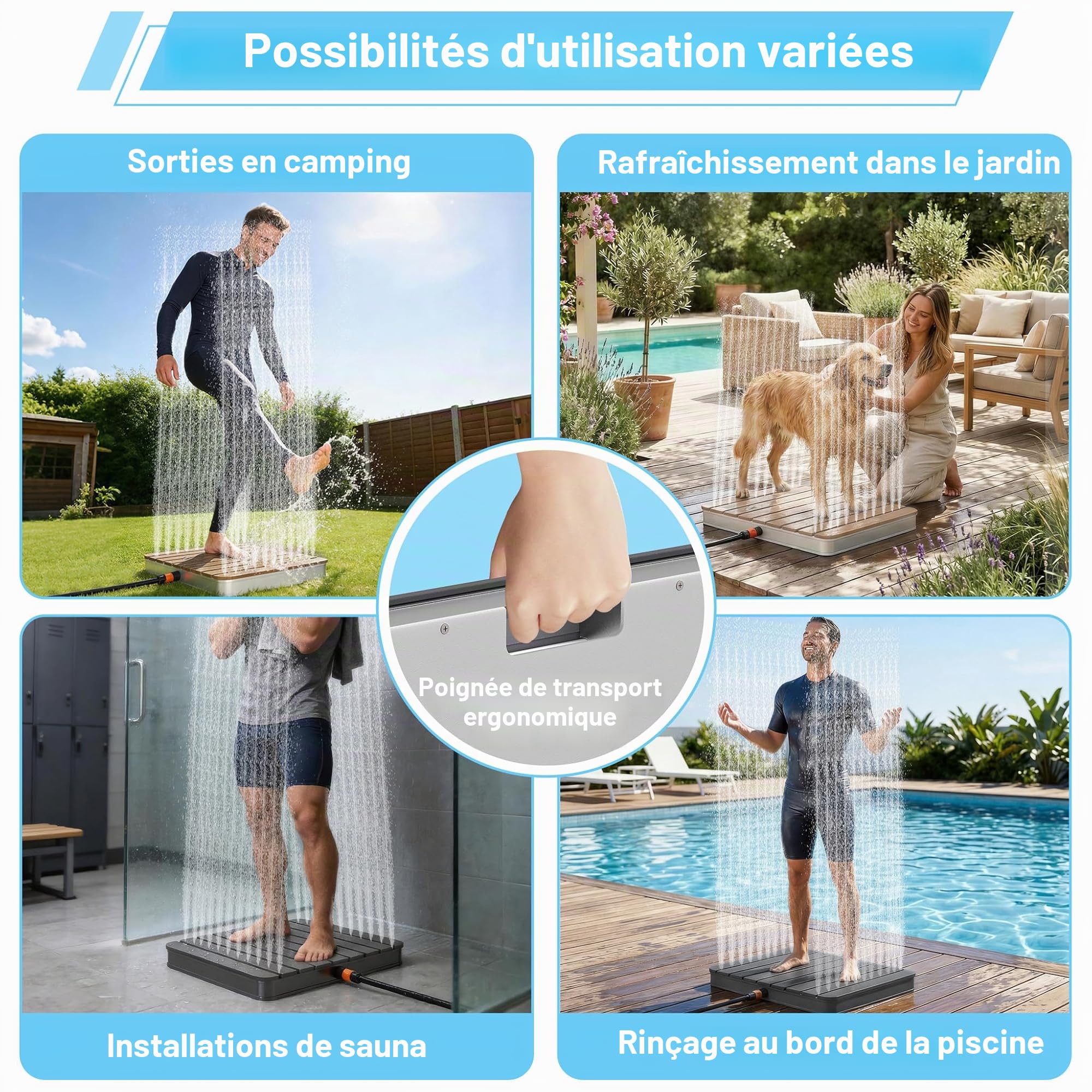 UISEBRT Douche de jardin en WPC et aluminium - Douche au sol mobile Douche solaire Douche de camping - Hauteur de jet réglable jusqu'à 4m - pour piscine Jardin Terrasse (Rectangulaire - Brun)