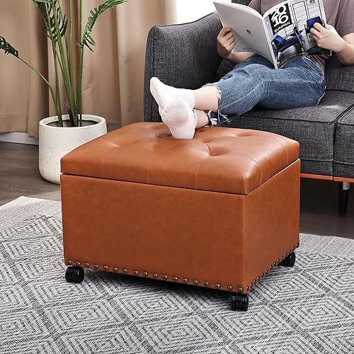 Miniatura 28 de Taburete otomano rectangular de cuero de 24 pulgadas con ribete de cabeza de clavo, cofres de juguetes y organizador de almacenamiento para Negro