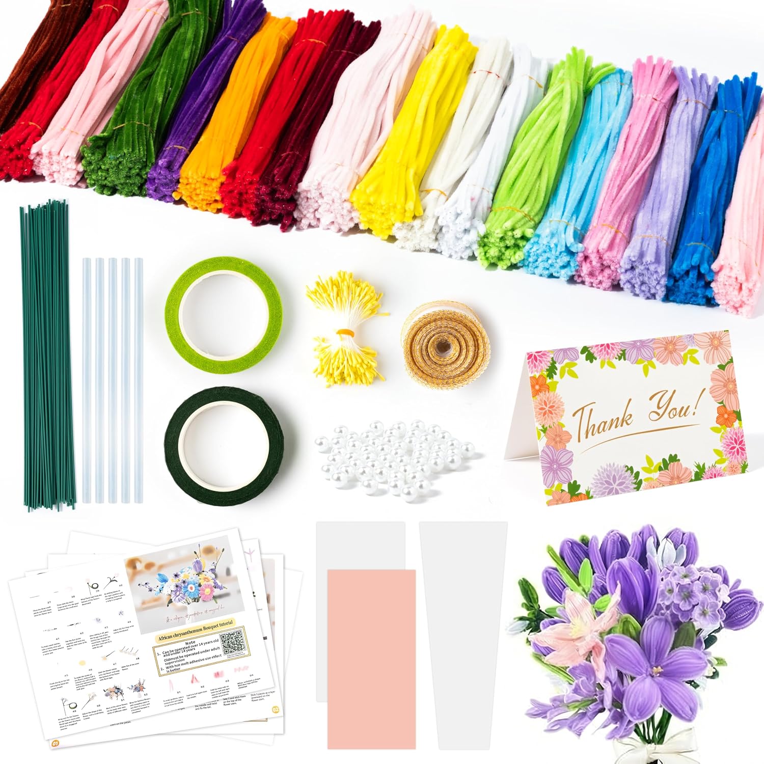 KoruCella Pipe Cleaners Crafts Flowers - 1000PCS Chenille Stems DIY Flower Kit with Instructions, Ribbon, Floral Stamen Wire, Gardening Tape, Greeting Card, 18 Colors Pipecleaner Bulk for Art Supplies