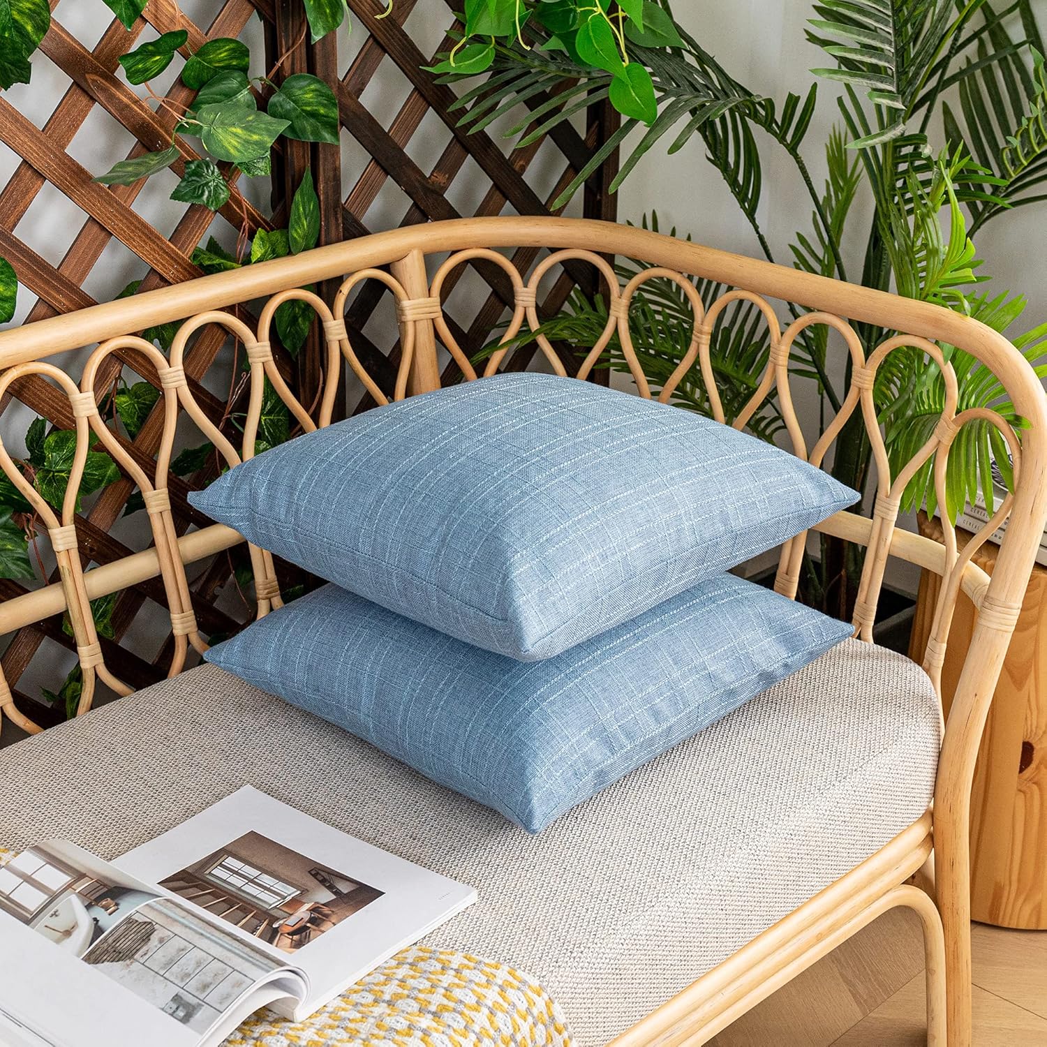 Kevin Textile Pack of 2 Outdoor Waterproof Pillow Covers Checkered Decorative Cushions Sham Throw Pillowcases Shell for Patio Tent Garden Couch Bed Sofa 22x22 Inch Light Blue