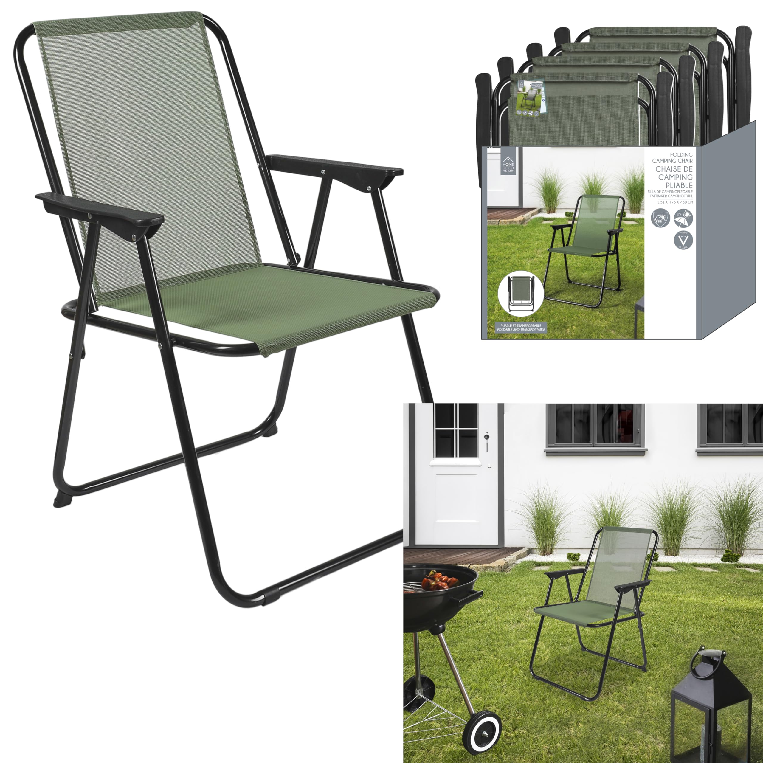 HOME DECO FACTORY - HDO0344 Chaise Pliante Kaki - Mobilier d'Extérieur - Assise d'Extérieur - Dimensions 51 x 75 x 60 cm - Hauteur Assise 36 cm - Traitement UV - Textile Vert