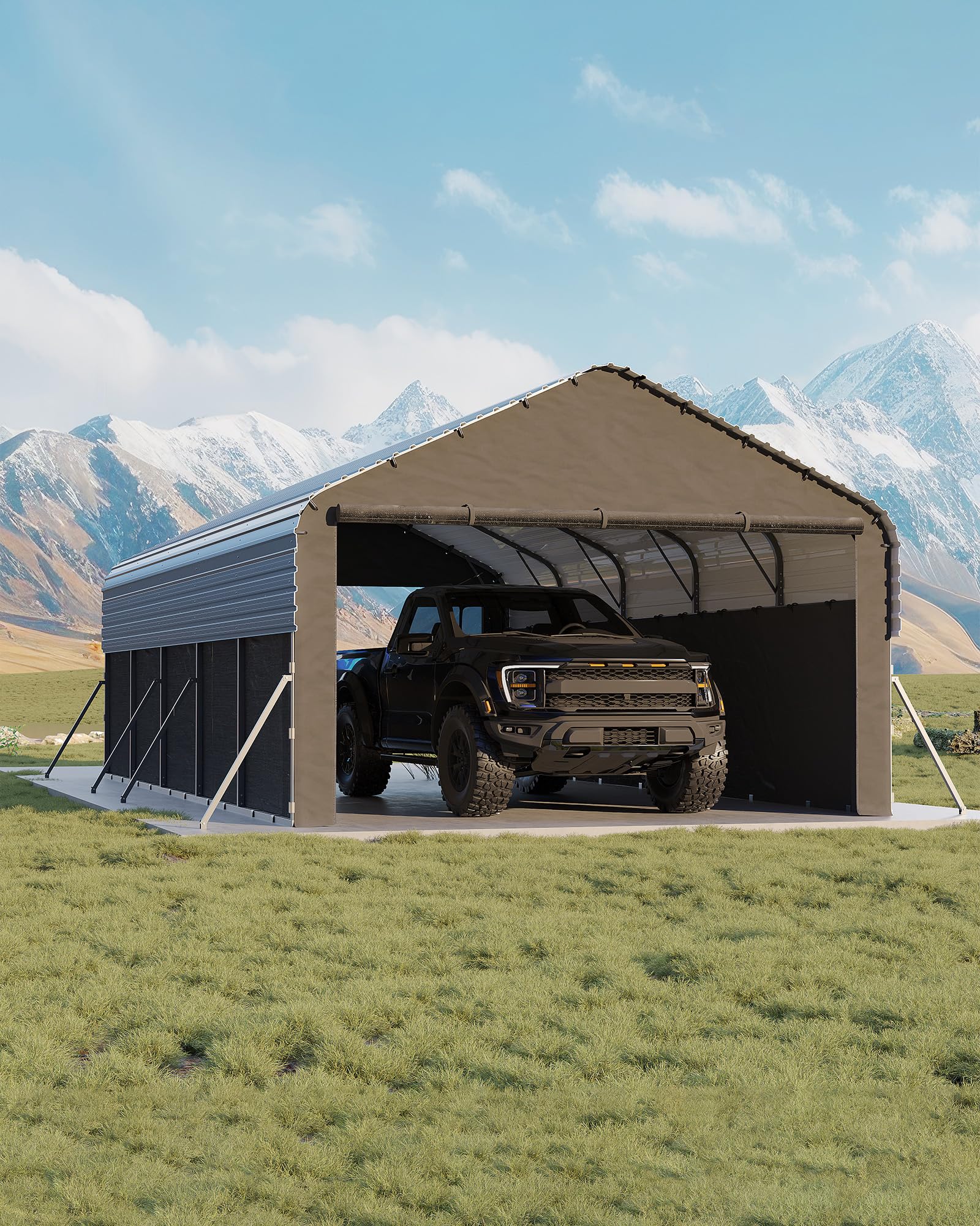 Garvee 12'X25'Metal Carport, Enclosed Car Ports with Heavy Duty Steel Frame and 220 g Tarp, All-Weather Carport for Full-Size Pickup Trucks, Bass Boats, and Tractors