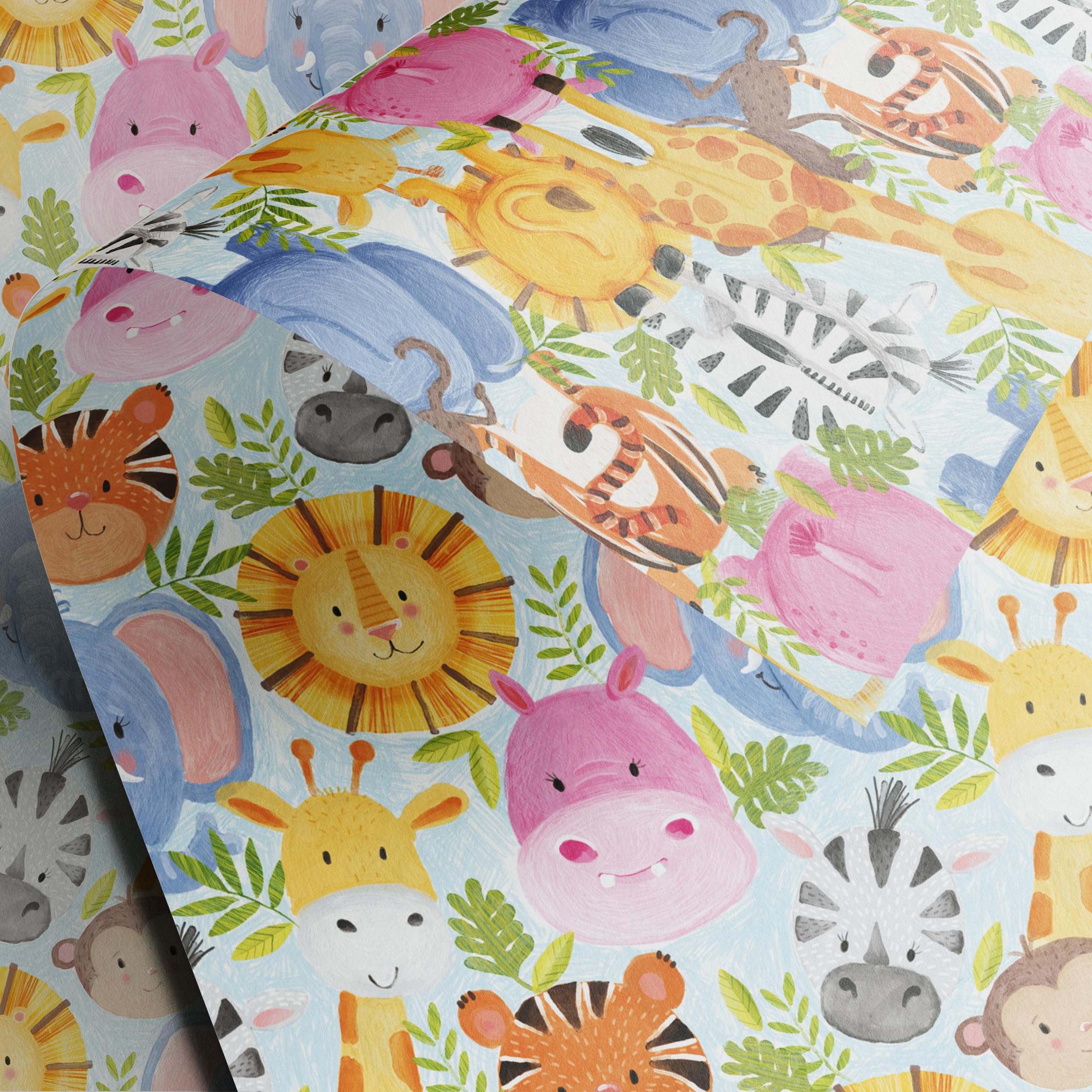 Wrapping paper Children's Jungle | 3 x Premium gift wrap sheets printed in the UK and fully recyclable | delivered in tube (not folded) | luxury 110gsm 50 x 70cm double sided giftwrap