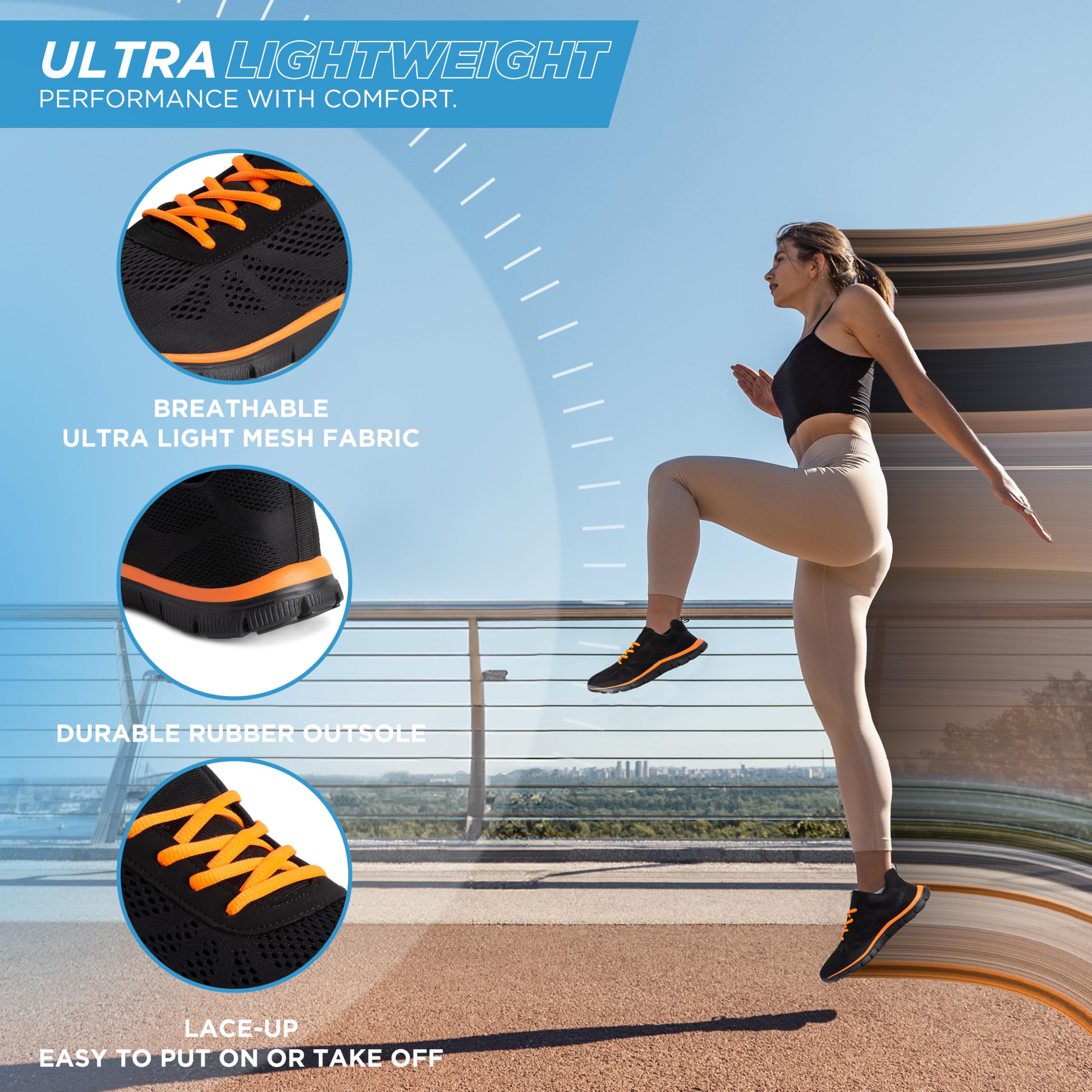 Get Fit Women’s Lightweight Trainers - Breathable Mesh Gym Walking Shoes - Comfortable Lace-Up Fitness Sneakers, Flexible Non-Slip Sole - Black/Orange - UK6/EU39