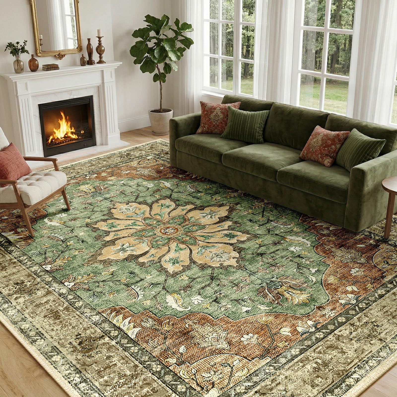 INOVADAY Machine Washable Rugs 200x300 cm Vintage Area Rug Low Pile Anti-Slip Carpet with Print Pattern for Living Room Bedroom Home Office Indoor Brick/Brown/Green โ image 1