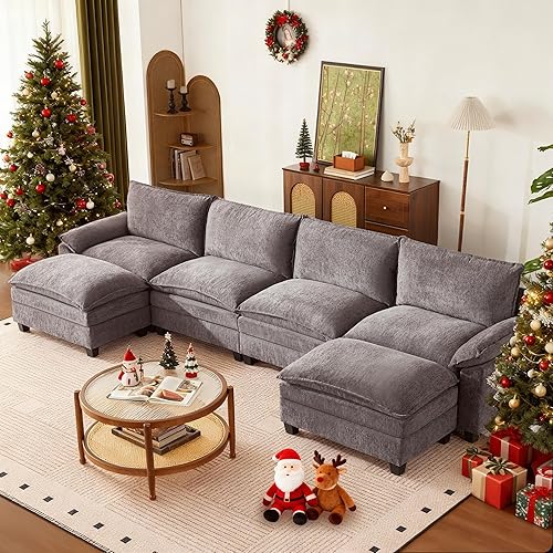 143.4 Inch Big Comfy Couch with Ottoman, 6 Seat U Shaped Couches, Cloud Modular Sectional Sofa, Modern Cloud Couch Sectionals, Sectional Couches for Living Room, Oversize Deep Seat Sofa, Grey