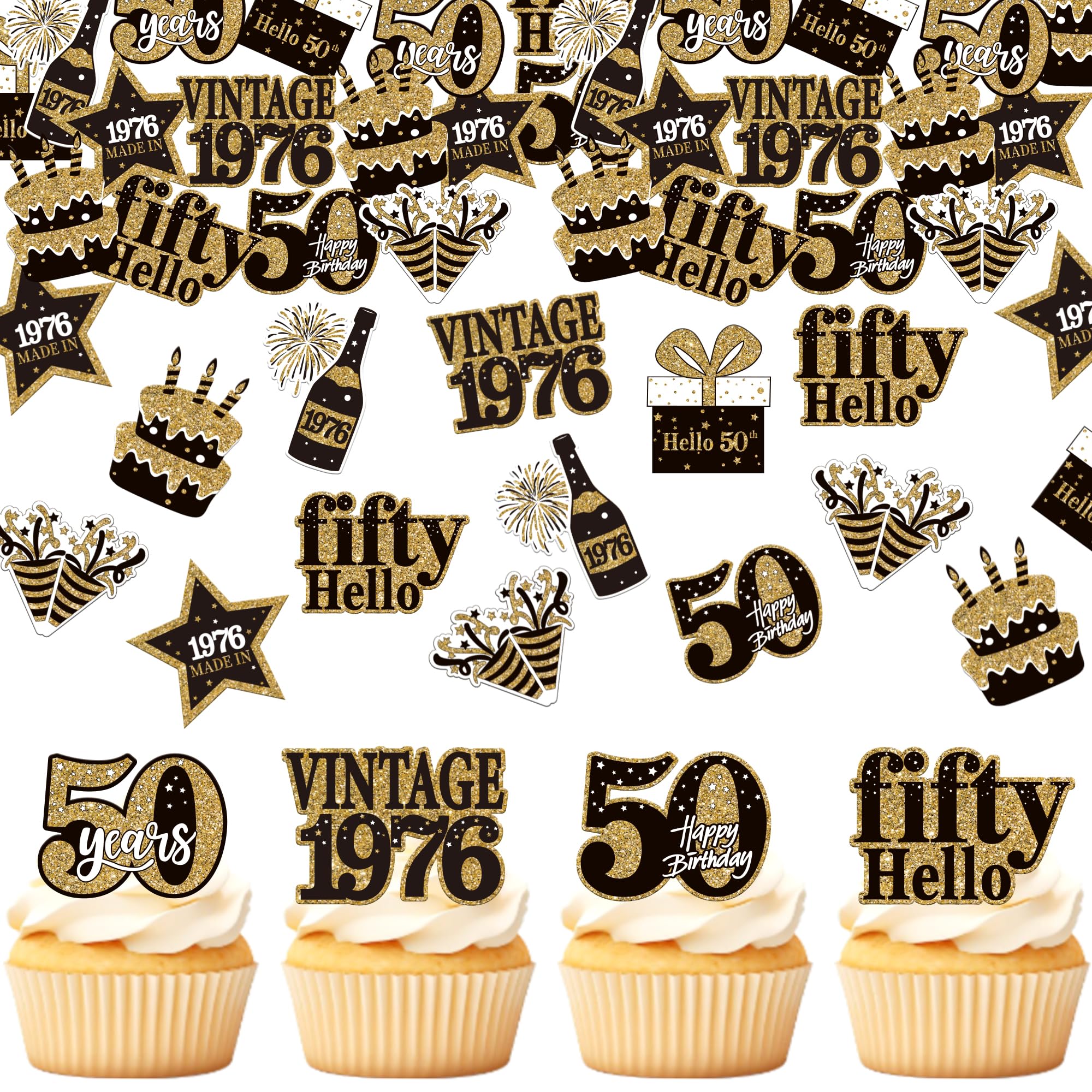 SYKYCTCY 63 Pack Edible Happy 50th Birthday Cupcake Toppers Hello Fifty Cheers to 50 Years Cupcake Picks 50 Fabulous Cupcake Decorations for 50th Birthday Party Cake Decor Supplies โ image 1
