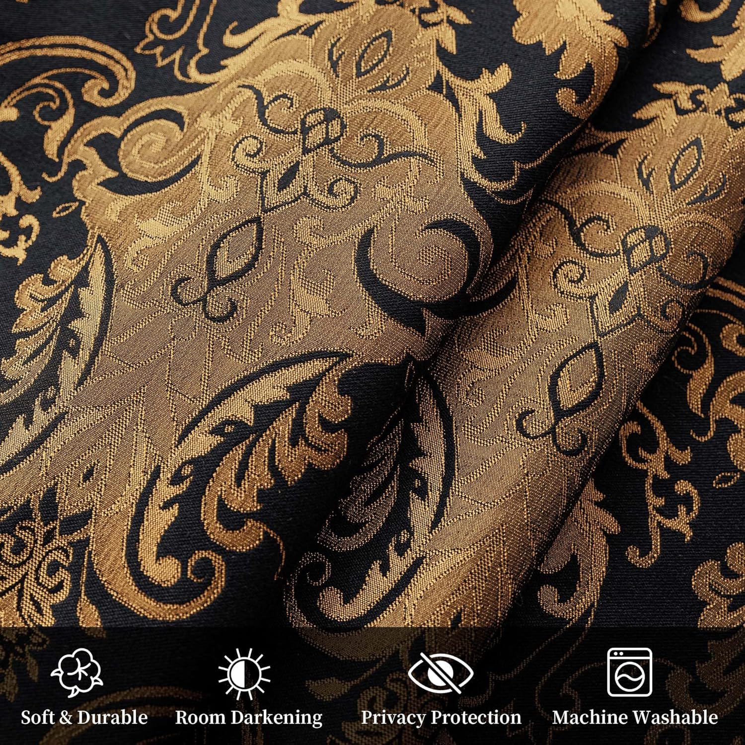 Loom and Mill Luxury Waterfall Valance for Living Room, Classic Damask Jacquard Swag Valances with Tassels, Balck Swag Curtains for Bedroom Windows Banquet Halloween Decor, Rod Pocket(W79Inch,1 Panel)