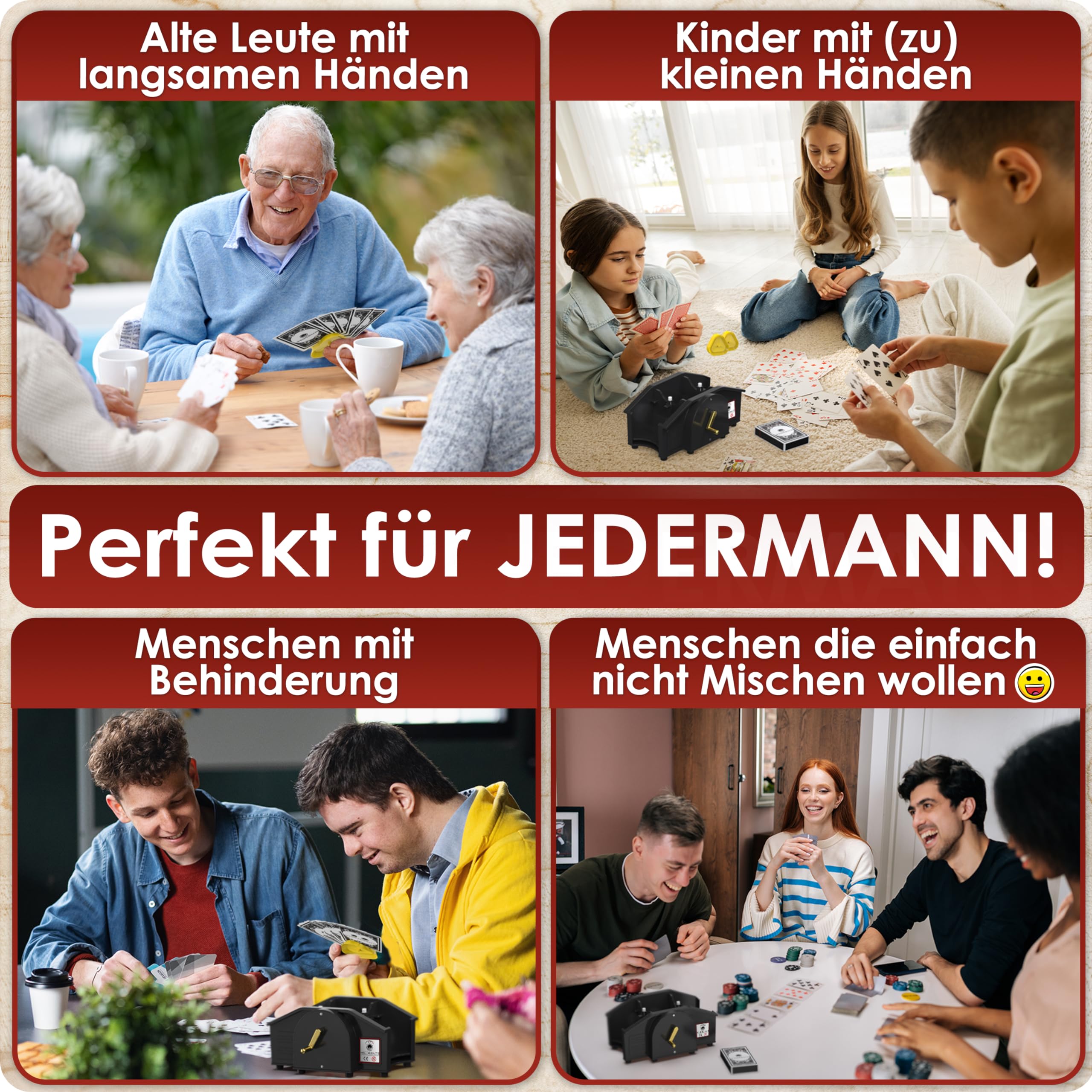 Weidebach® Schwarze Kartenmischmaschine mit Goldener Kurbel für alle Standard Kartenspiele, Kartenmischer mit 2X Kartenspielen & Ersatzkurbel, Karten Mischgerät mit Buch für lustige Spieleabende