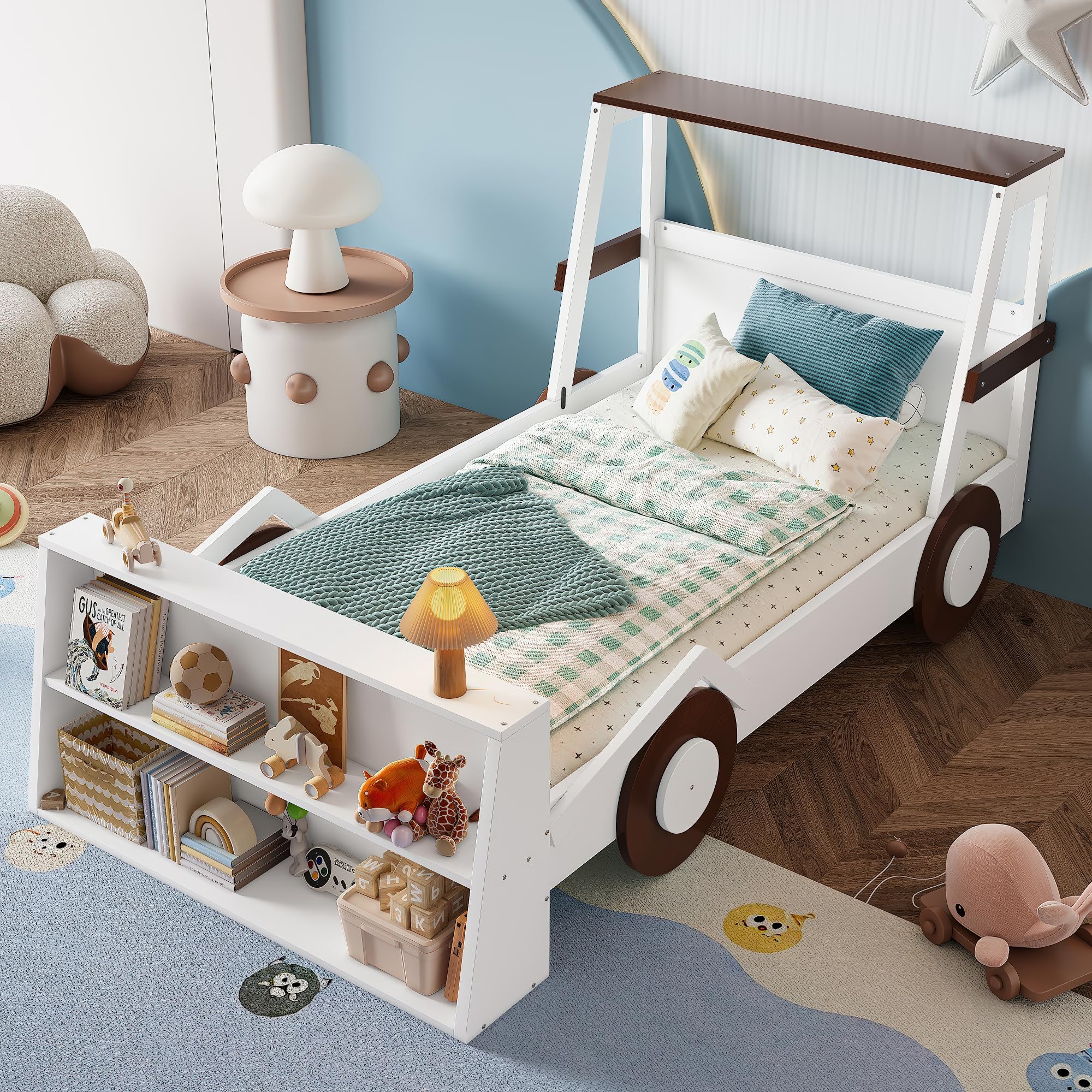 Linique Twin Size Car Bed for Kids, Race Car Shaped Platform Bed with Storage Shelves, Low Profile Children's Bed in Light White+Brown, Sturdy Wood & MDF Construction