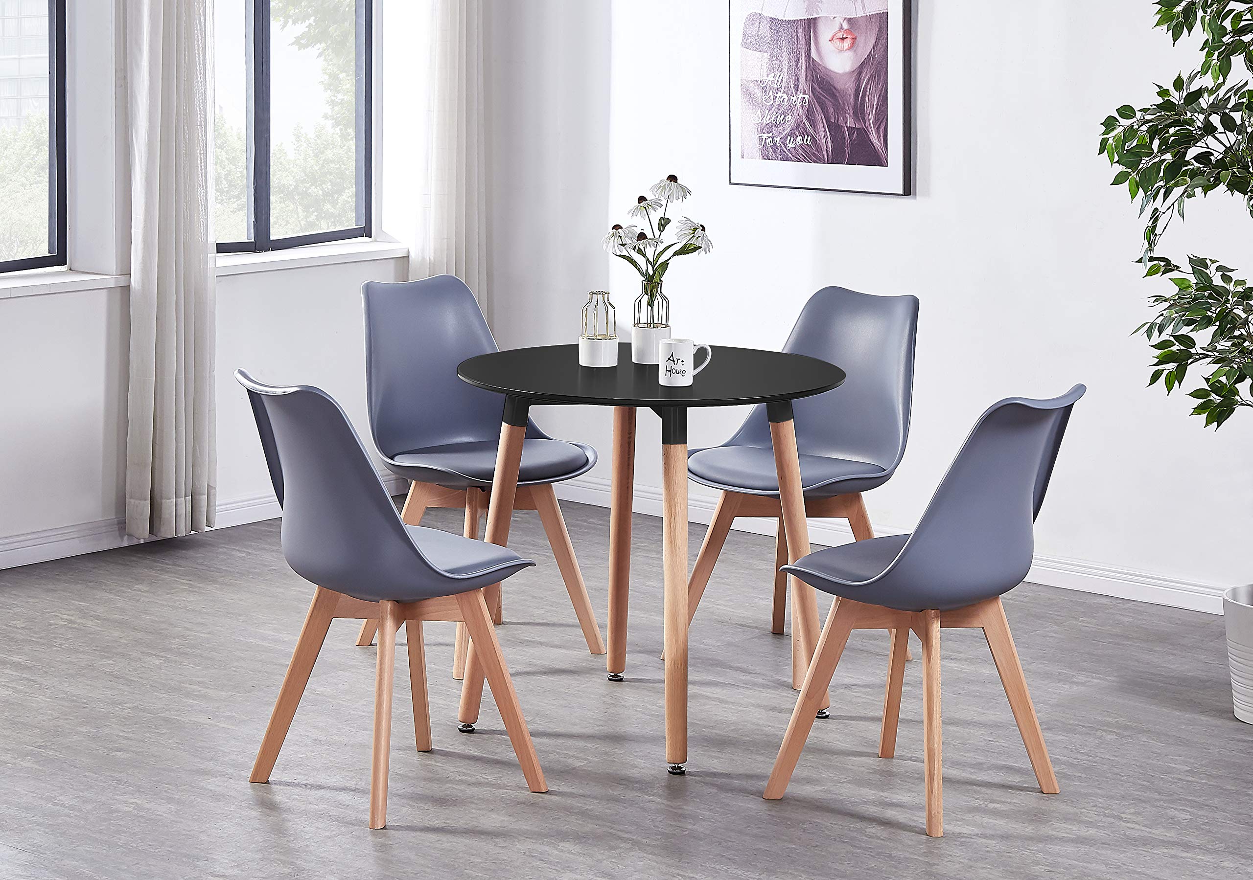 Life Interiors Dining Room Table Set for 4-80 cm Round Table & Dining Room Chairs Set of 4 with Cushions - PU Padded Seat w/Solid Wood Legs - Modern Round Dining Set - Blue