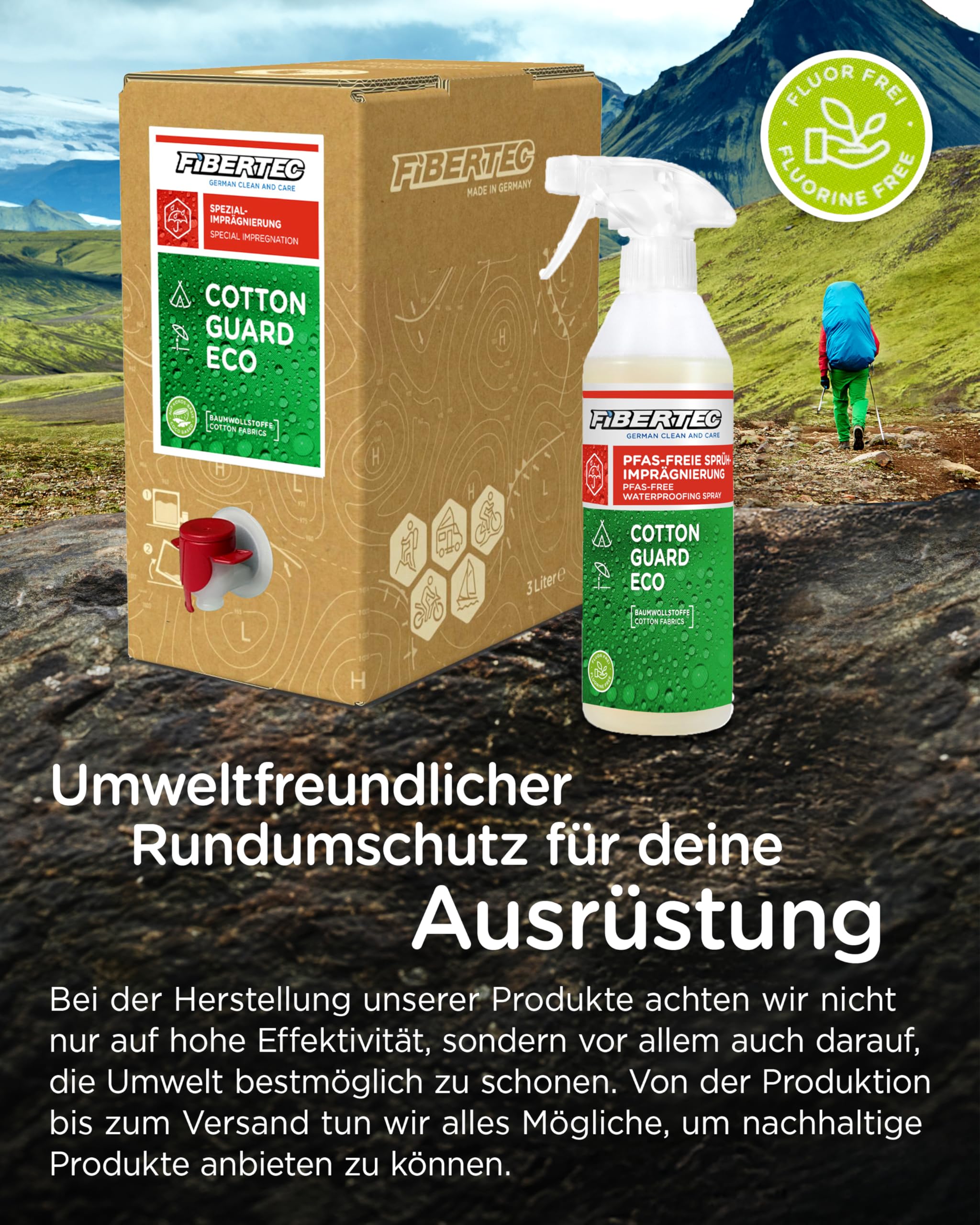 FIBERTEC Cotton Guard Imprägnierung für Baumwolle & Mischgewebe | Stark wasserabweisend. Für Baumwolle, Mischgewebe und Zelte. Wasserbasiert, ohne Mikroplastik, Made in Germany.