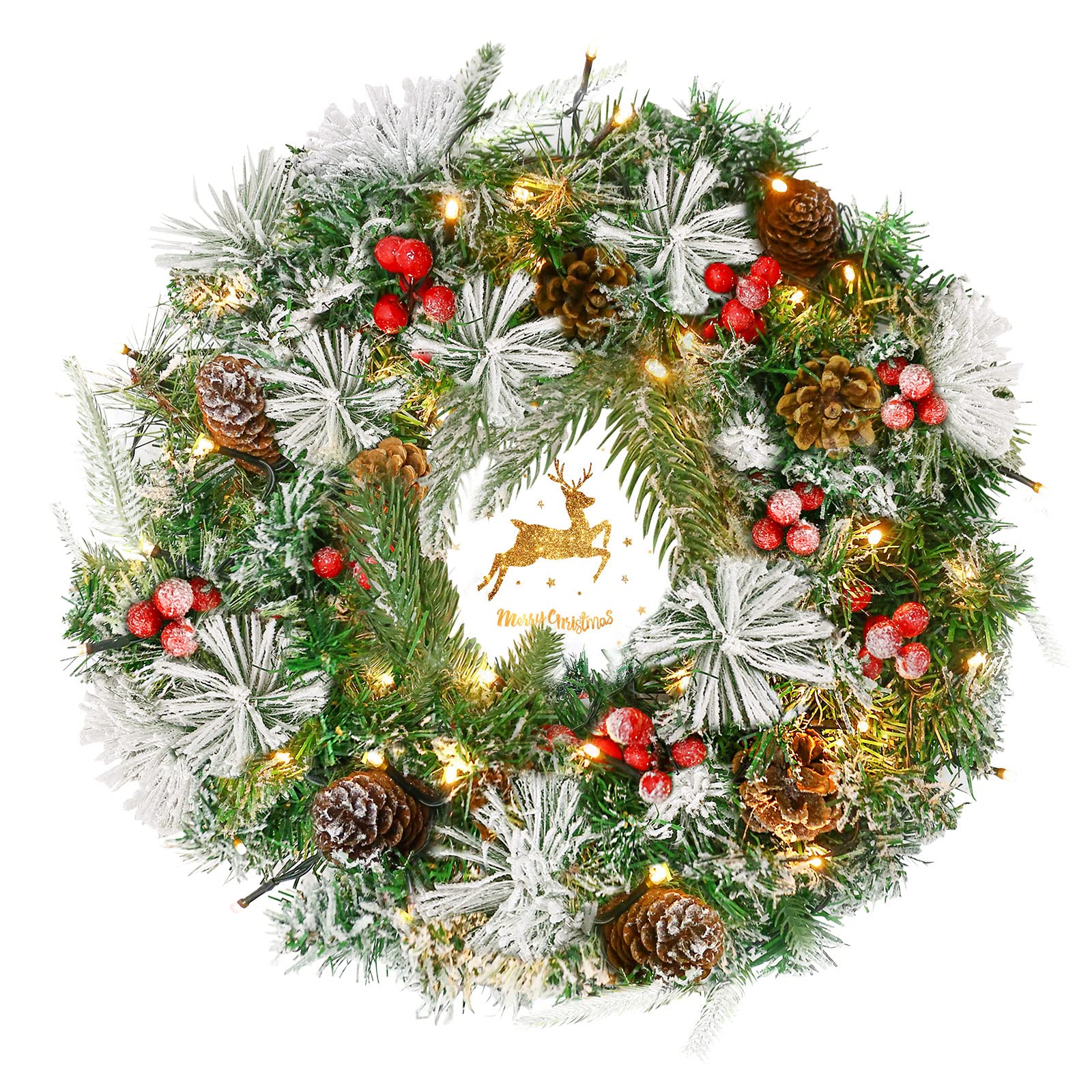 Photo 1 of 16Inch Christmas Wreath Snowy Christmas Wreath 40 Lights Timer 15 Pinecone 11 Red Berries Artificial Christmas Wreath for Front Door Hanging Wall Window Christmas Fireplace Home Decor
